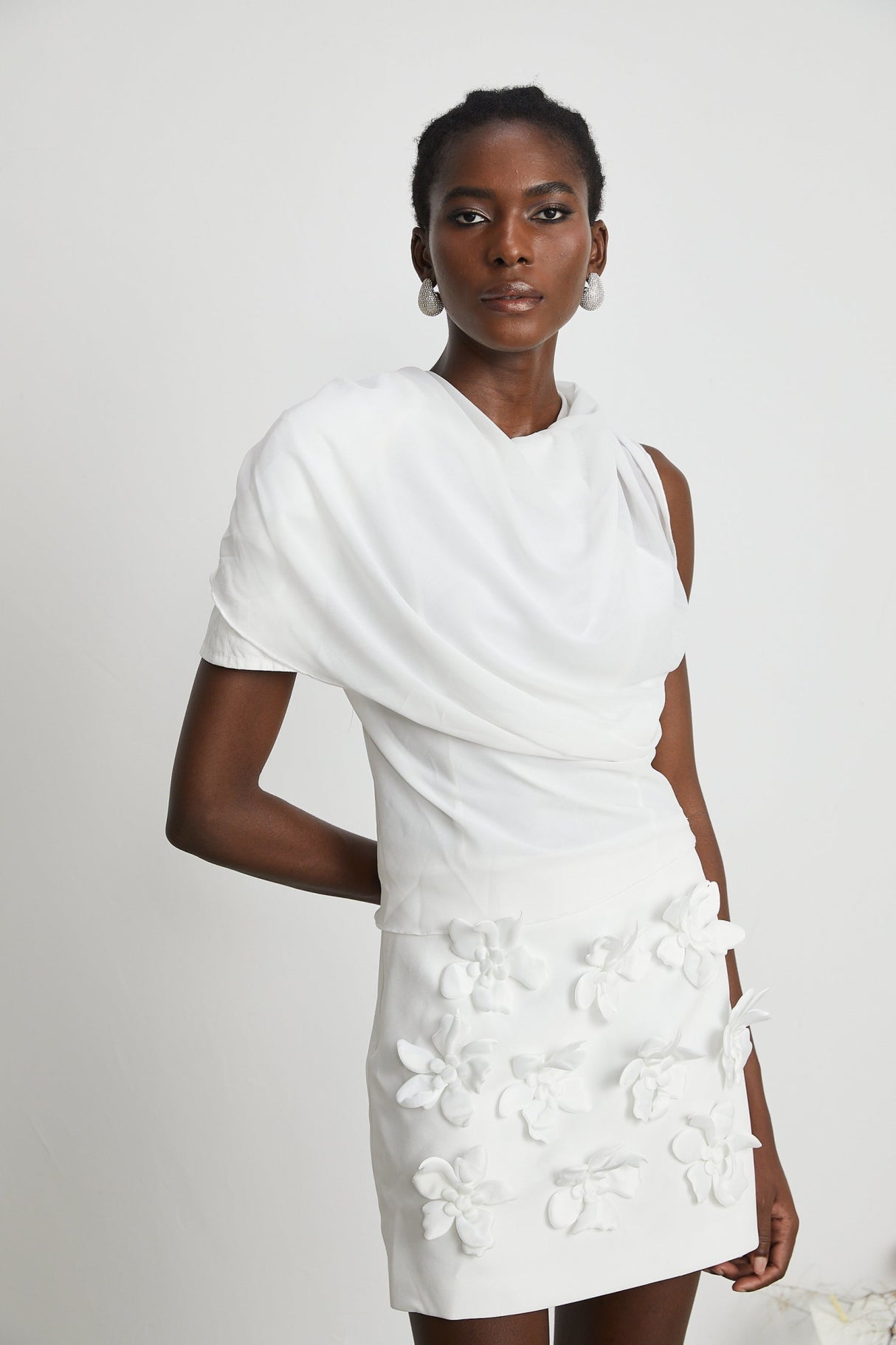 Paris Blouse Paris Chiffon One Shoulder White Asymmetric Hem Blouse