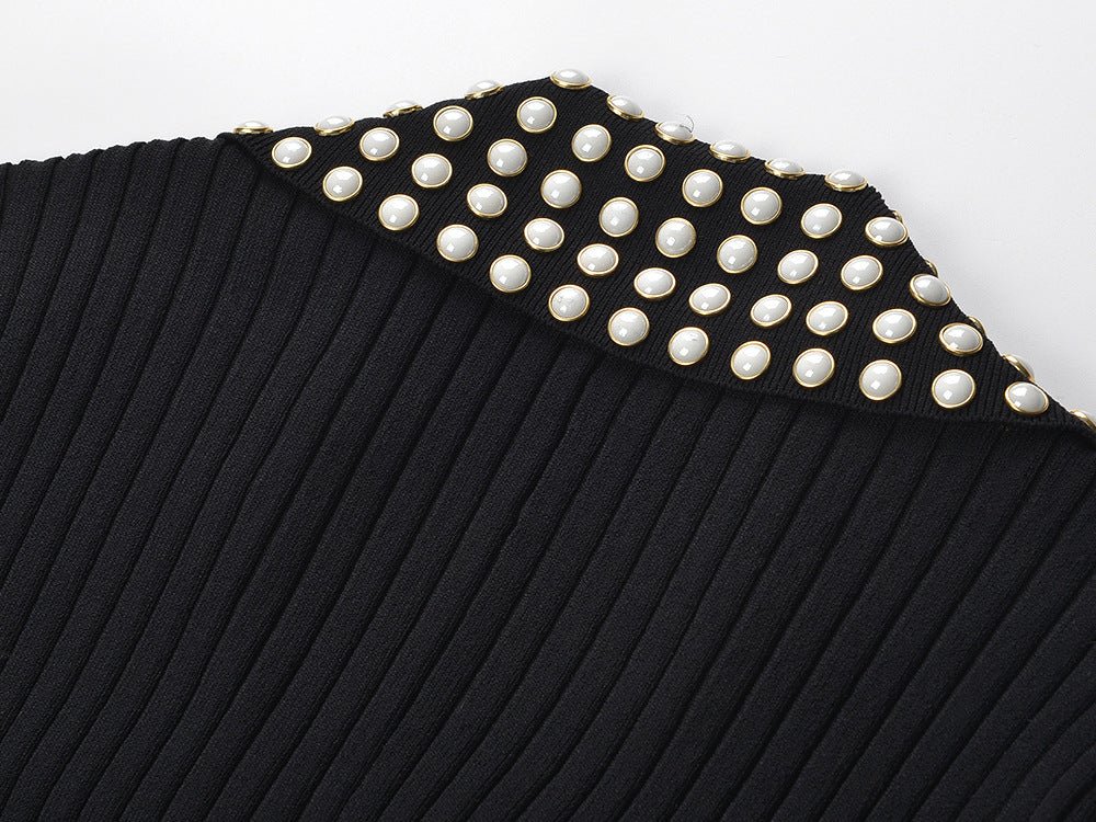 Paris Dress - Maxi Length Fitted Bodice - Ribbed Texture Button - Down Front - Slim Silhouette - Studded Collar Accent