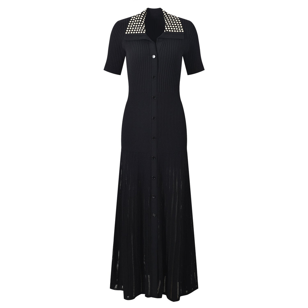 Paris Dress - Maxi Length Fitted Bodice - Ribbed Texture Button - Down Front - Slim Silhouette - Studded Collar Accent