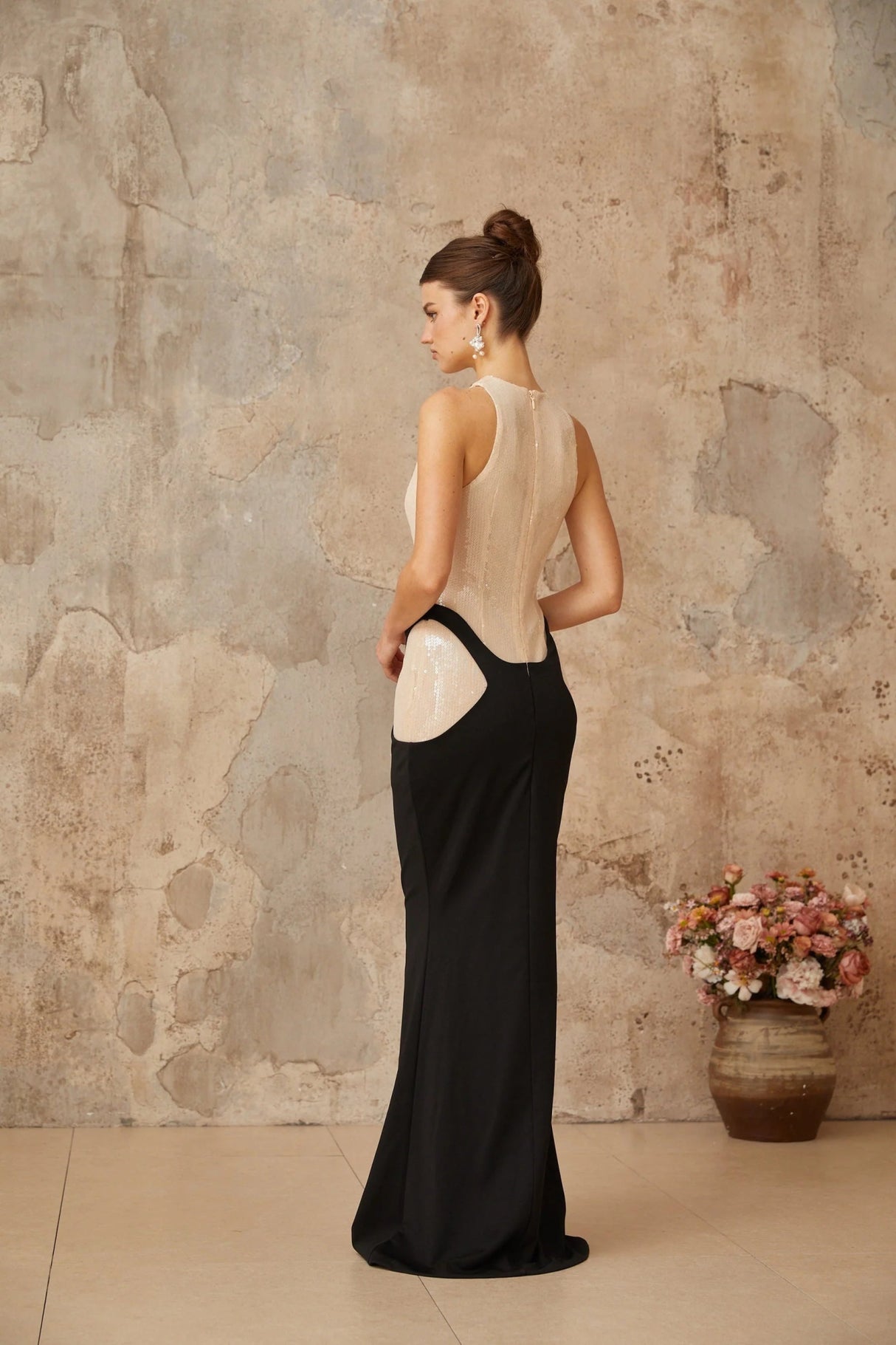 Paris Maxi Dress Black Sequin Panel Flare Hem Open - Back