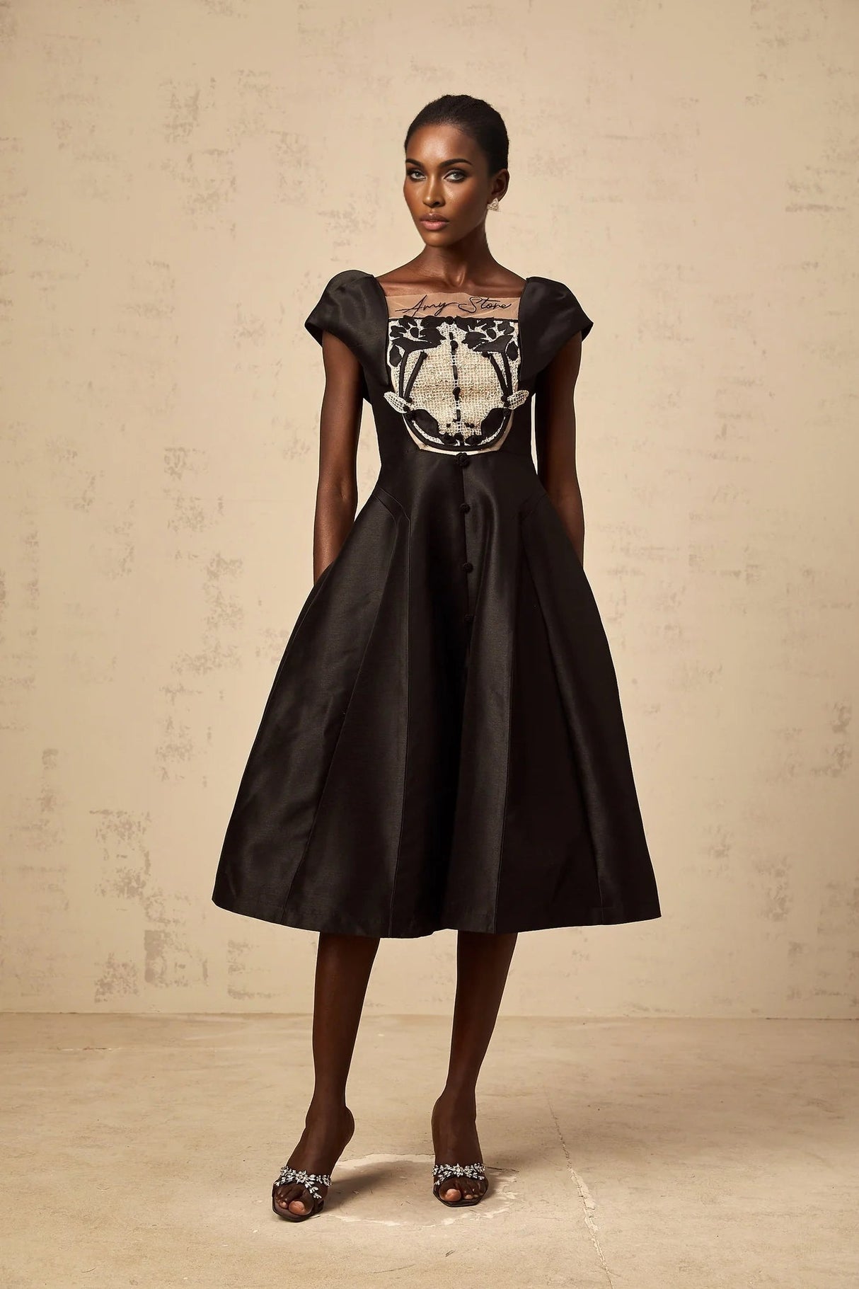 Paris Midi Dress Black Satin Floral Appliqu Tulle Paneling Square Neck Zip Fastening