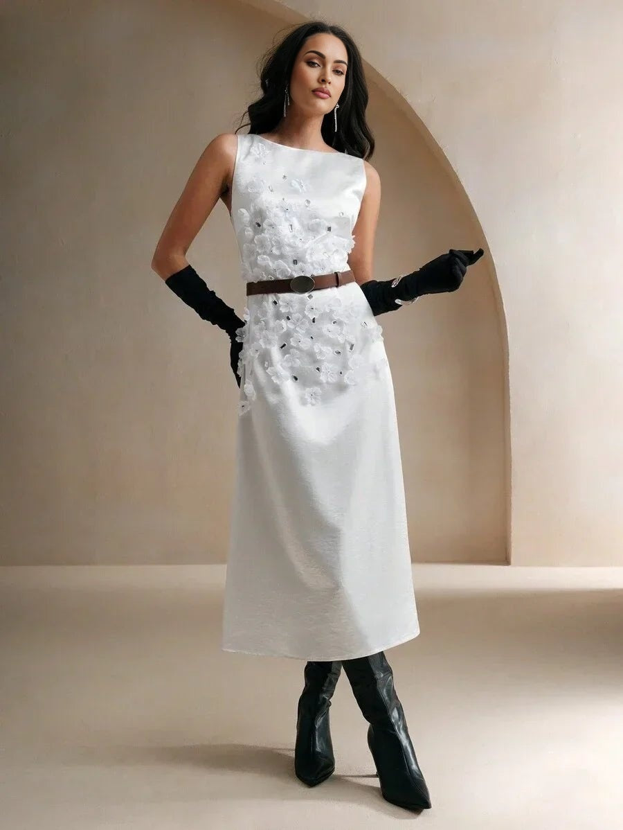 Paris Midi Dress - Round Neck - Arm Sleeves - High Waist - Elegant - Appliques