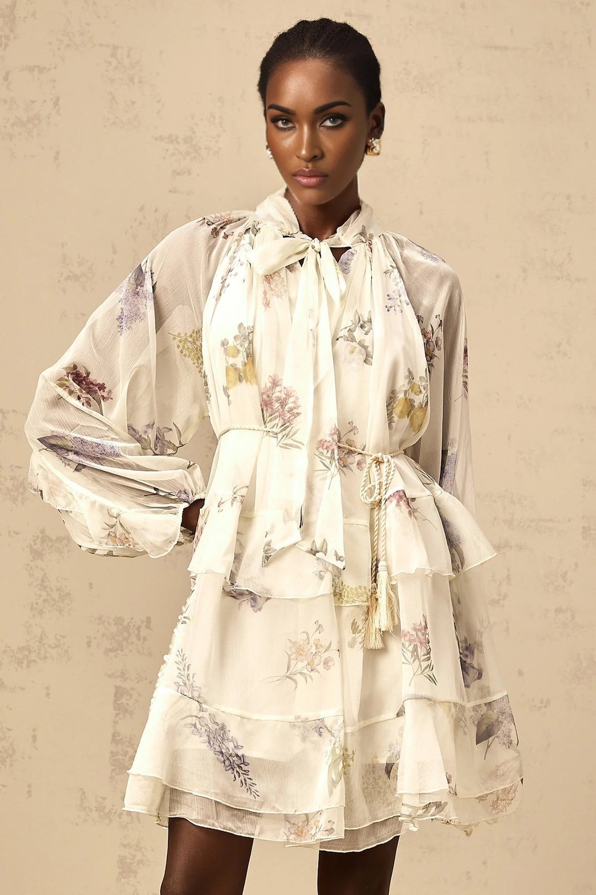 Pasqualina Mini Dress White Floral Print Tiered Chiffon & Ribbon Tie - Front