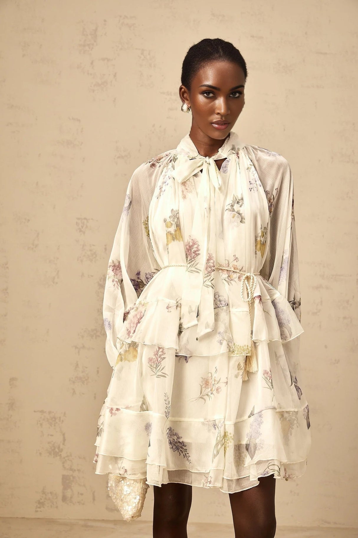 Pasqualina Mini Dress White Floral Print Tiered Chiffon & Ribbon Tie - Front