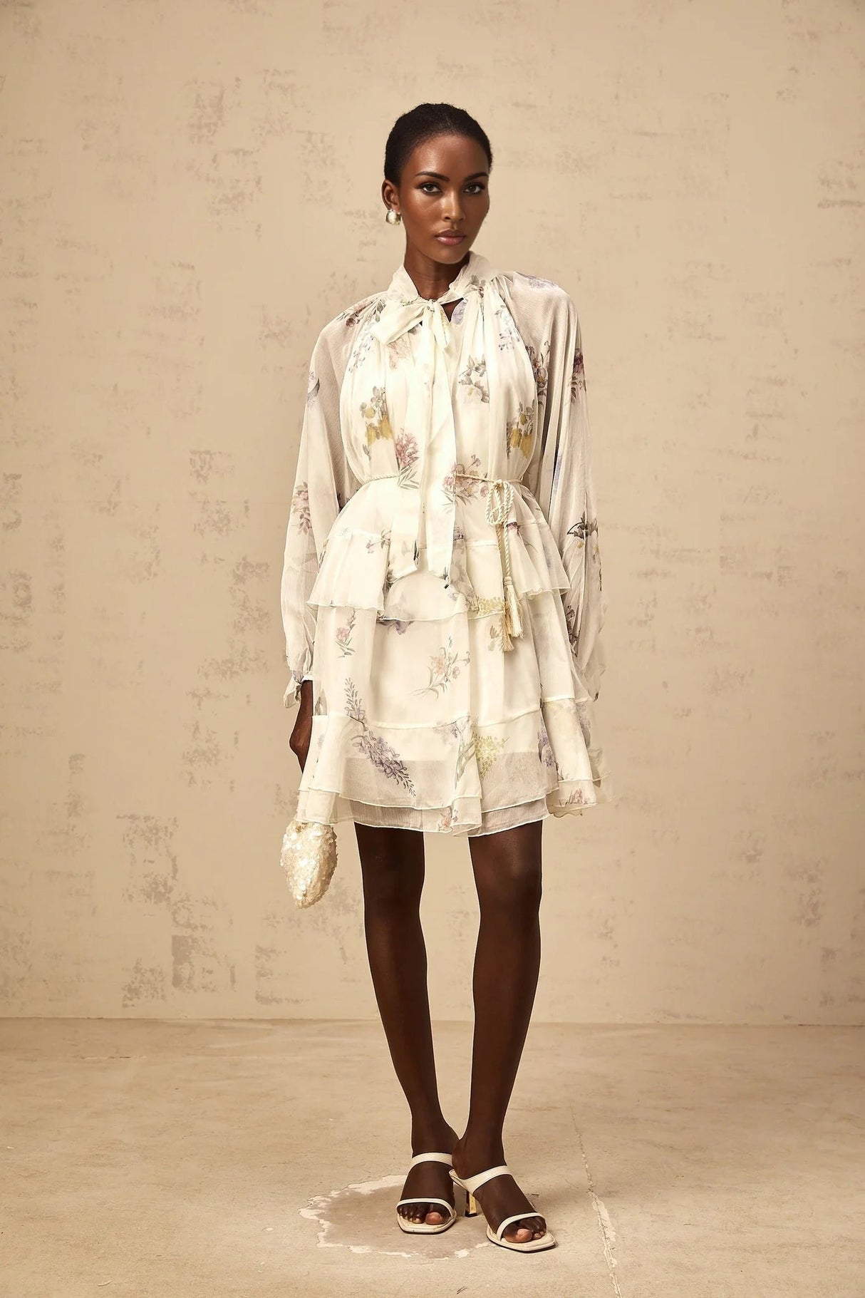 Pasqualina Mini Dress White Floral Print Tiered Chiffon & Ribbon Tie - Front