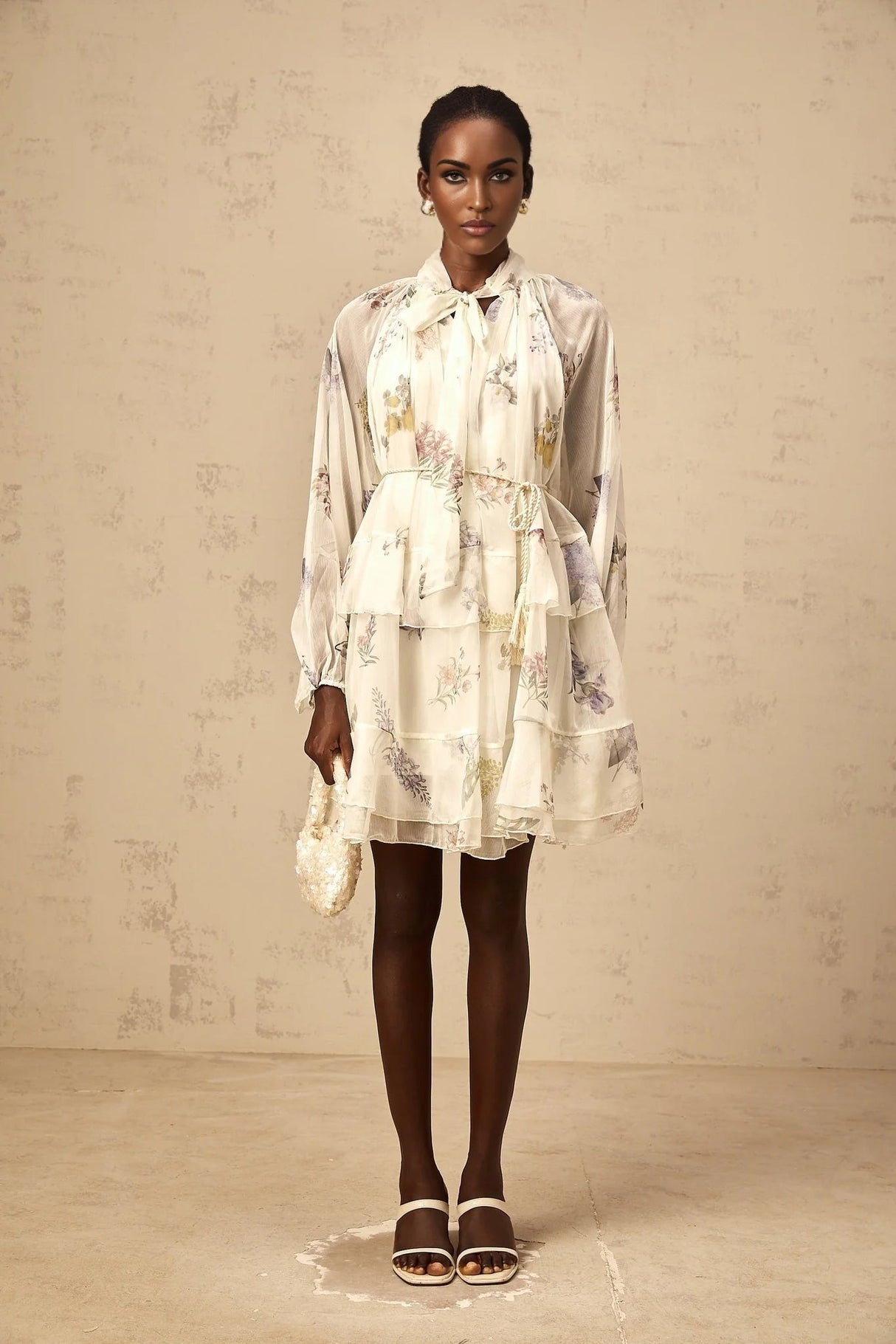 Pasqualina Mini Dress White Floral Print Tiered Chiffon & Ribbon Tie - Front