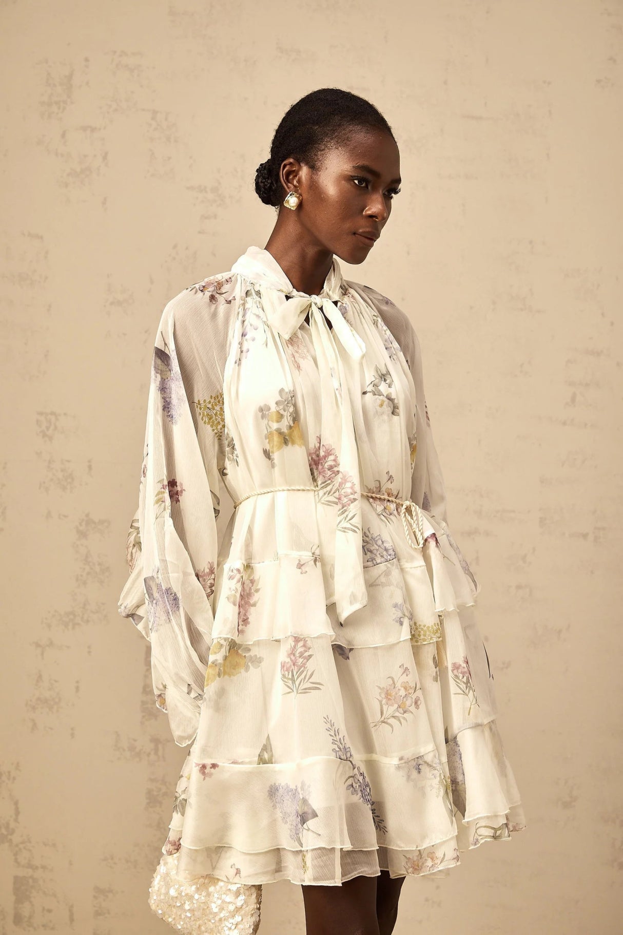 Pasqualina Mini Dress White Floral Print Tiered Chiffon & Ribbon Tie - Front