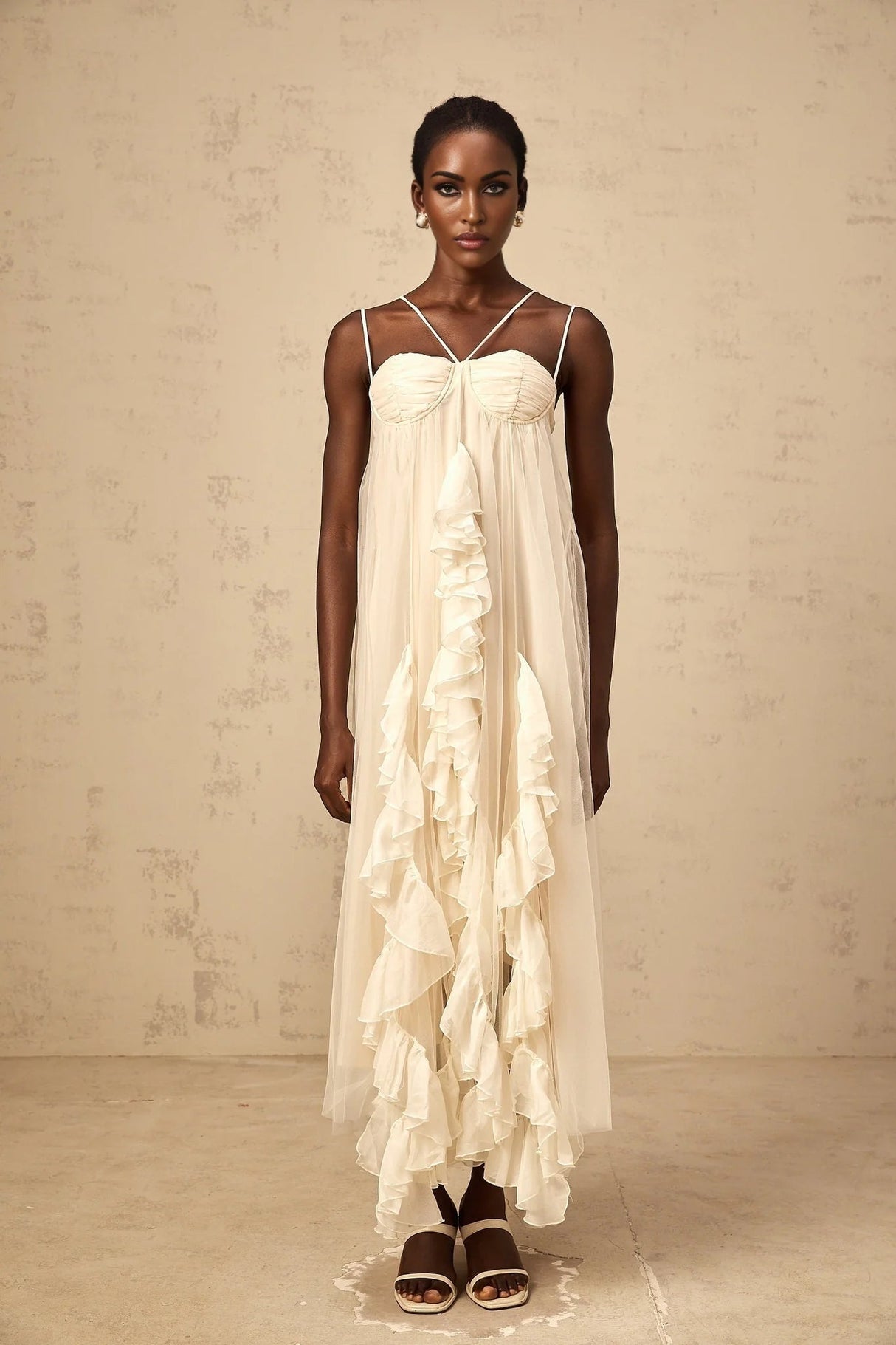 Pasquina Maxi Dress Ruffled Tulle Layered Neutrals