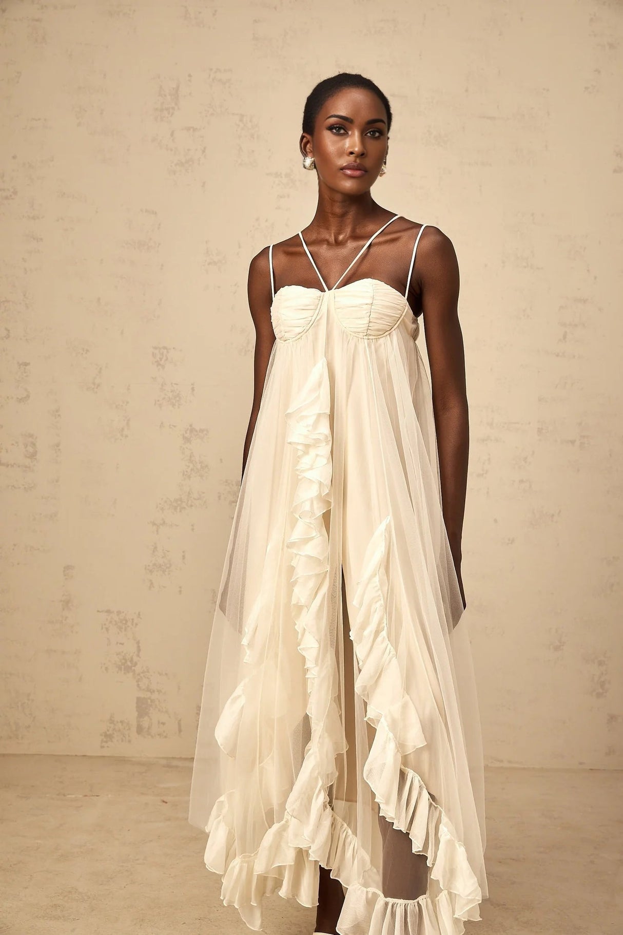 Pasquina Maxi Dress Ruffled Tulle Layered Neutrals