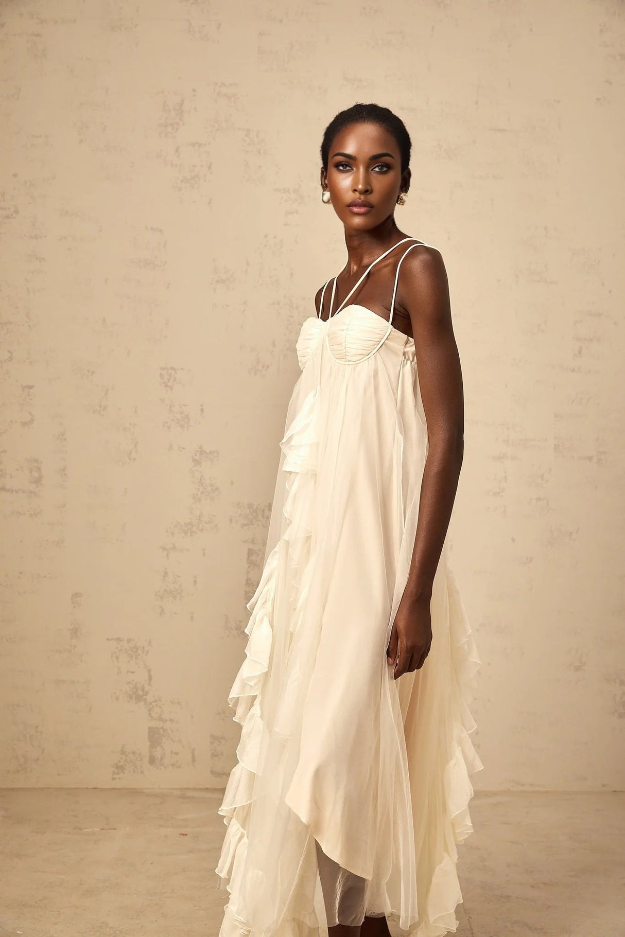 Pasquina Maxi Dress Ruffled Tulle Layered Neutrals