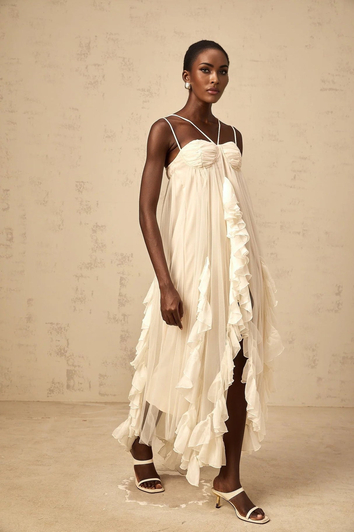 Pasquina Maxi Dress Ruffled Tulle Layered Neutrals