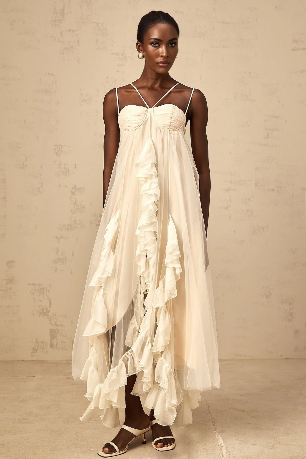 Pasquina Maxi Dress Ruffled Tulle Layered Neutrals