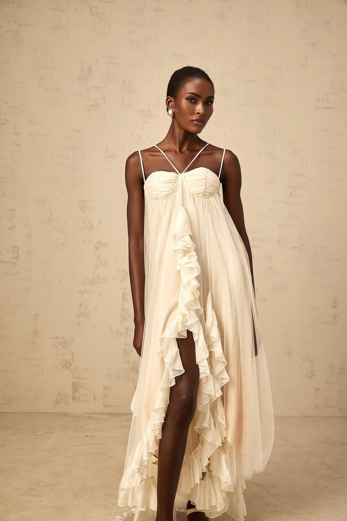 Pasquina Maxi Dress Ruffled Tulle Layered Neutrals