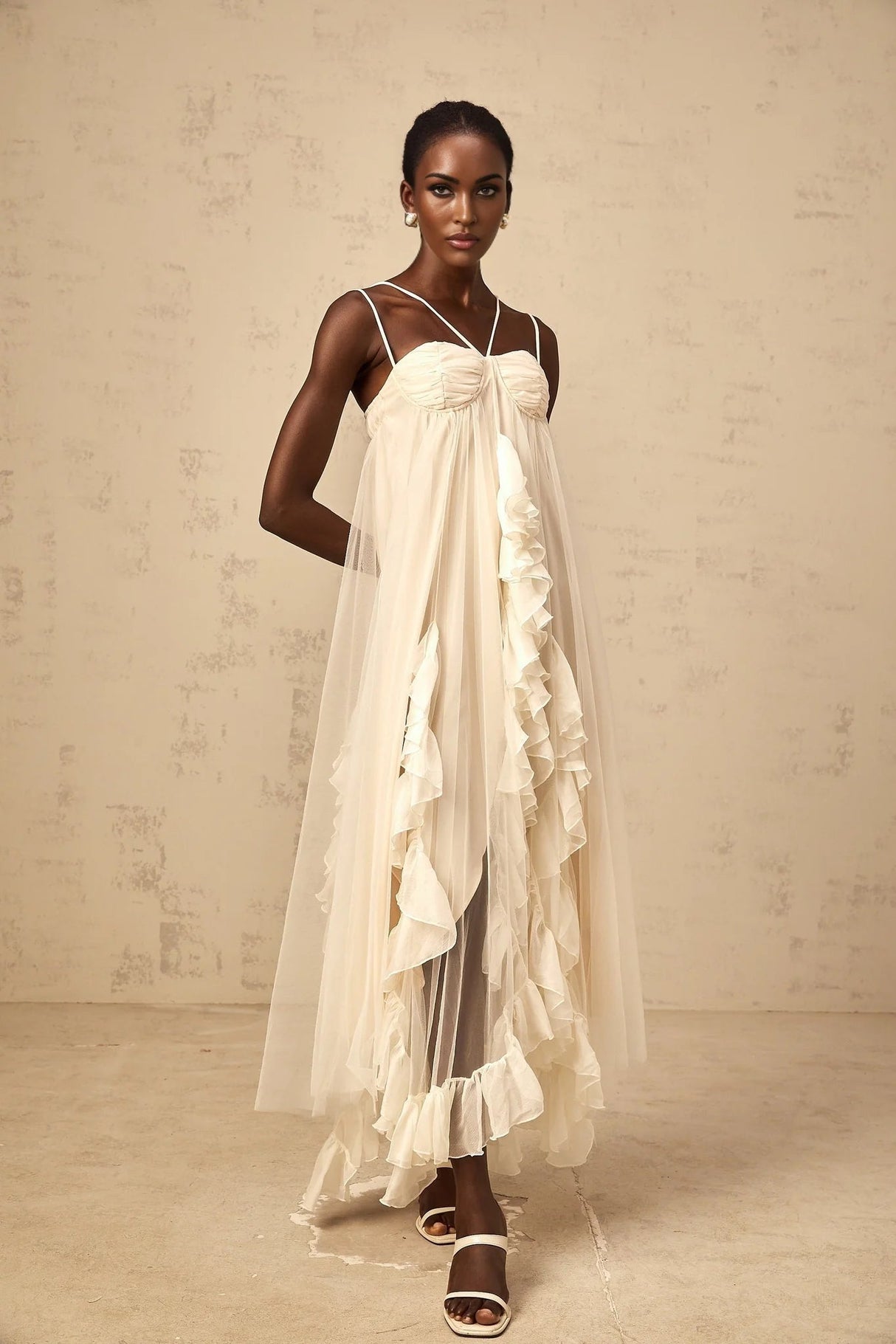 Pasquina Maxi Dress Ruffled Tulle Layered Neutrals