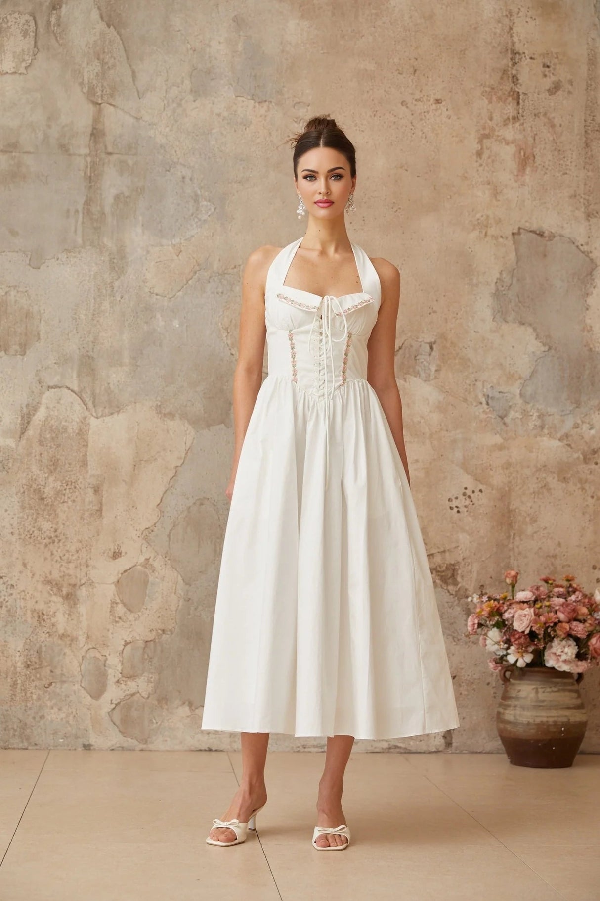 Pasquina Midi Dress White Lace - Up Detail Embroidered Floral Shirred Calf - Length