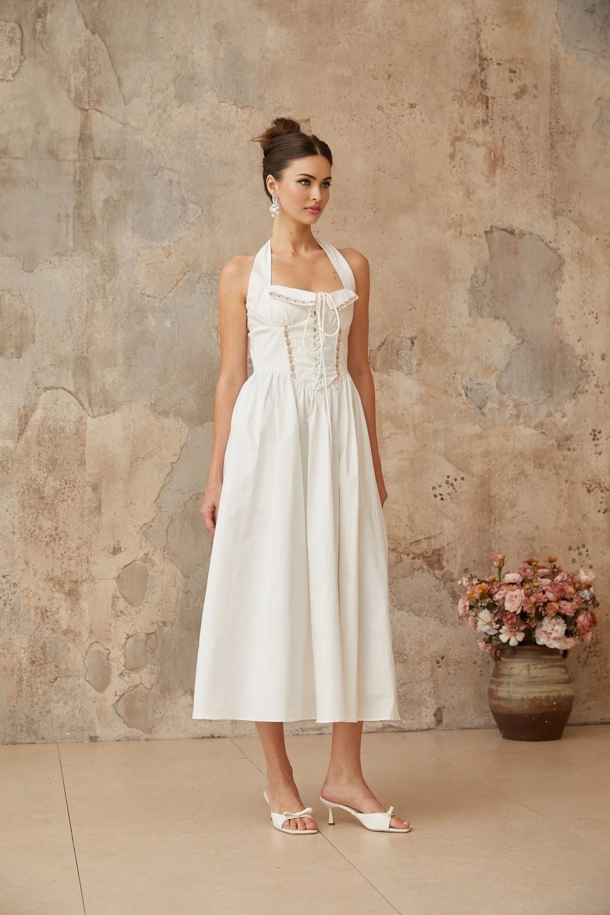 Pasquina Midi Dress White Lace - Up Detail Embroidered Floral Shirred Calf - Length