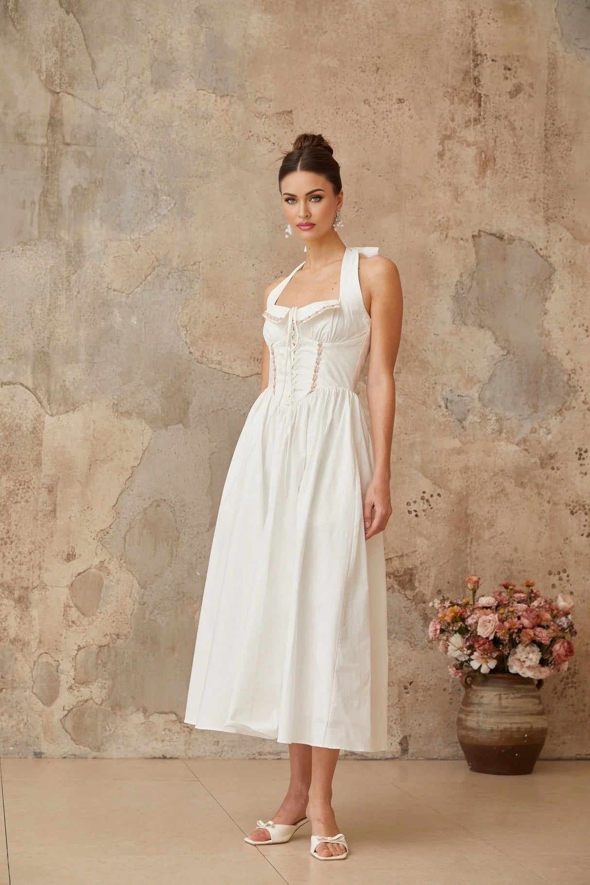 Pasquina Midi Dress White Lace - Up Detail Embroidered Floral Shirred Calf - Length