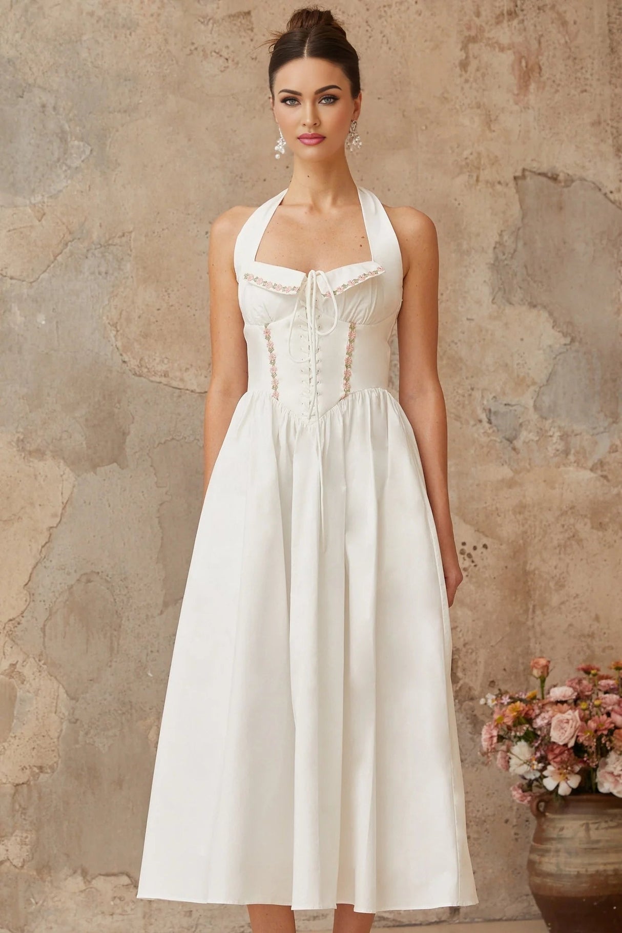 Pasquina Midi Dress White Lace - Up Detail Embroidered Floral Shirred Calf - Length