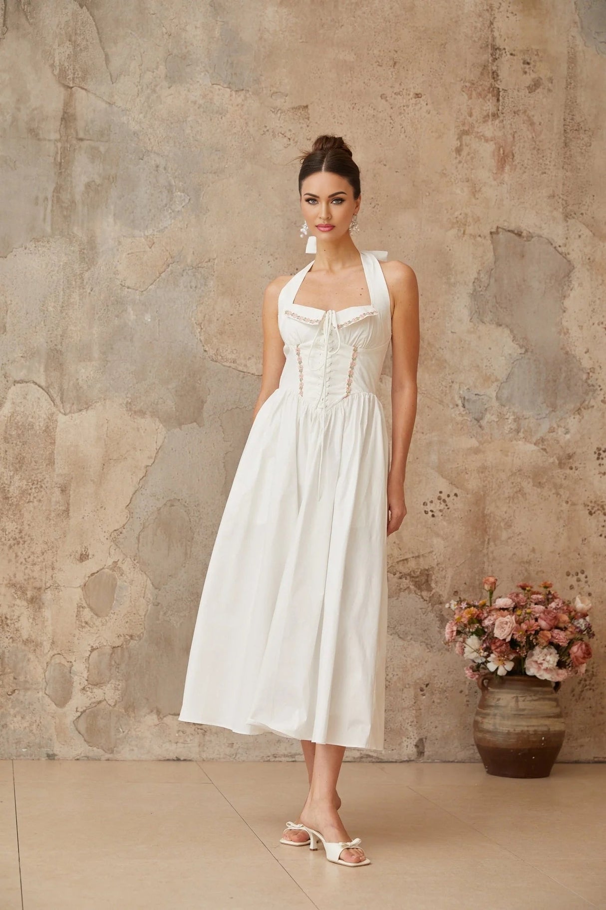 Pasquina Midi Dress White Lace - Up Detail Embroidered Floral Shirred Calf - Length