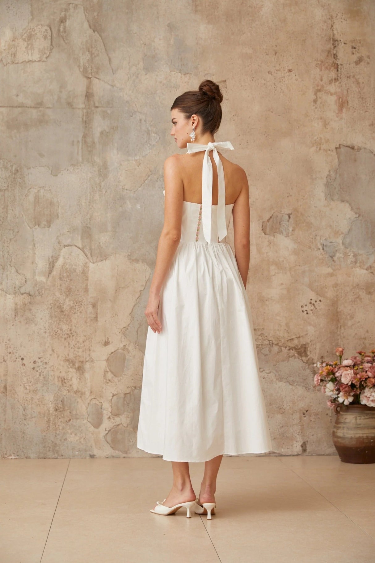 Pasquina Midi Dress White Lace - Up Detail Embroidered Floral Shirred Calf - Length