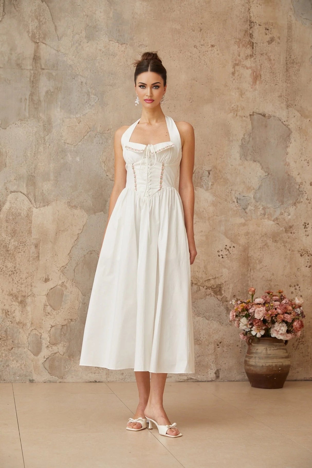 Pasquina Midi Dress White Lace - Up Detail Embroidered Floral Shirred Calf - Length