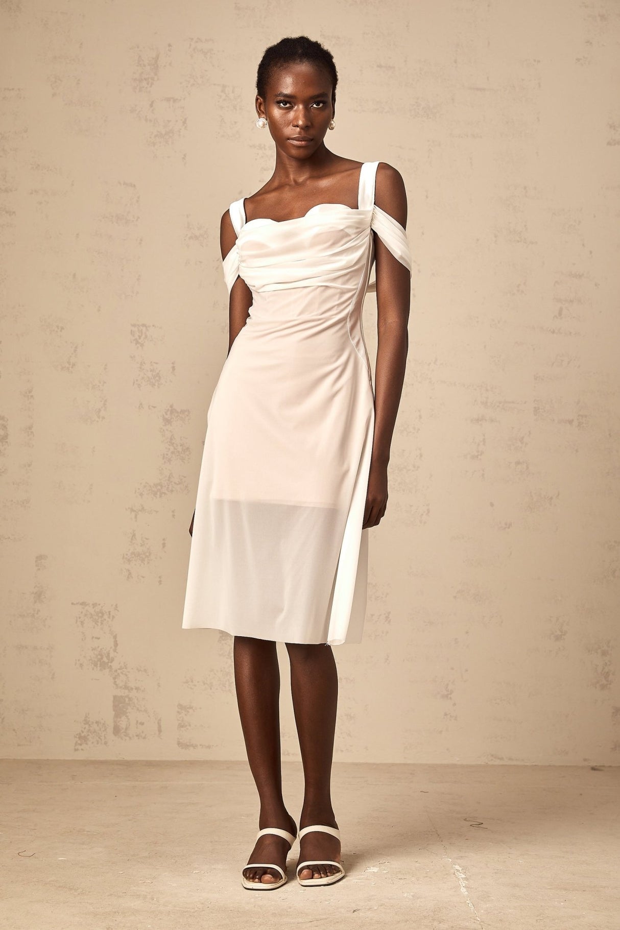 Pasquina Midi Dress White Semi - Sheer Tulle Ruched & Boned