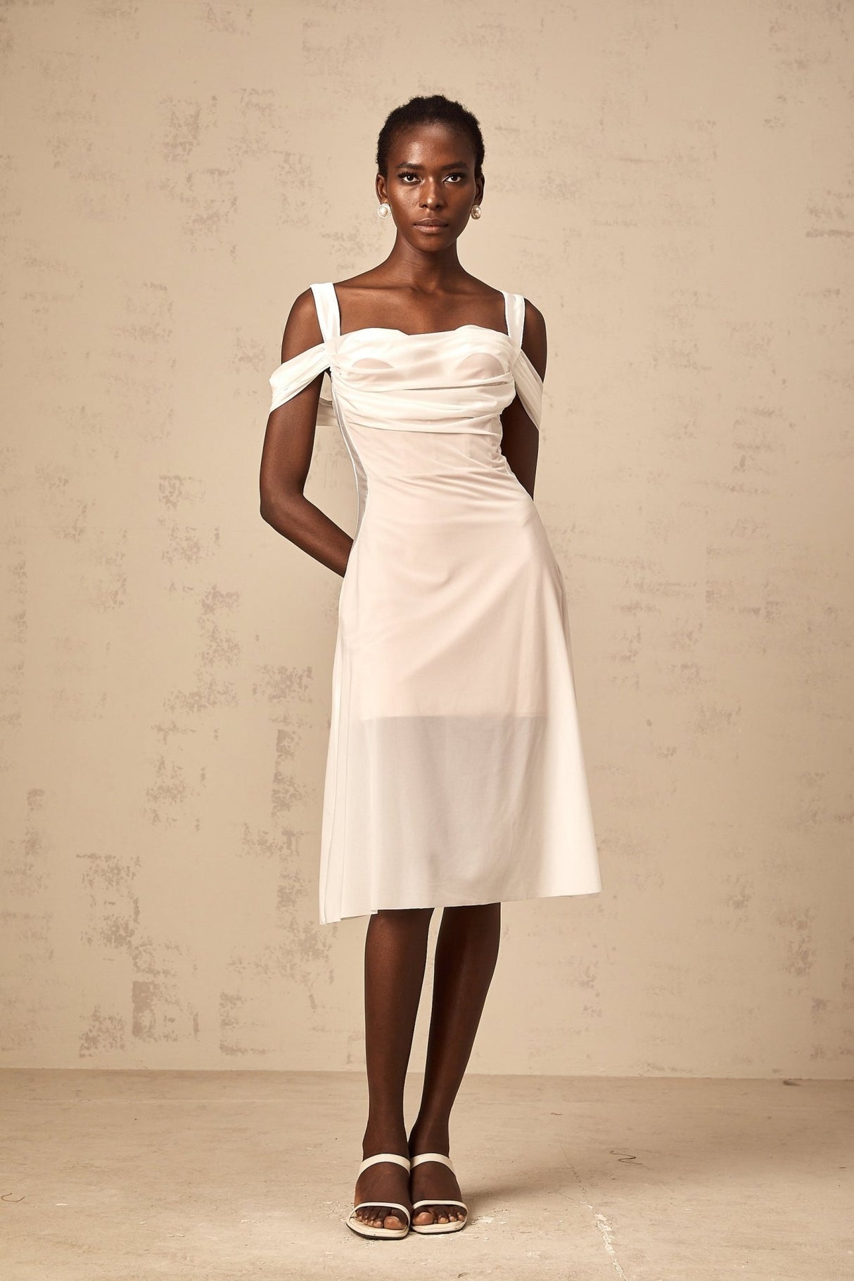 Pasquina Midi Dress White Semi - Sheer Tulle Ruched & Boned
