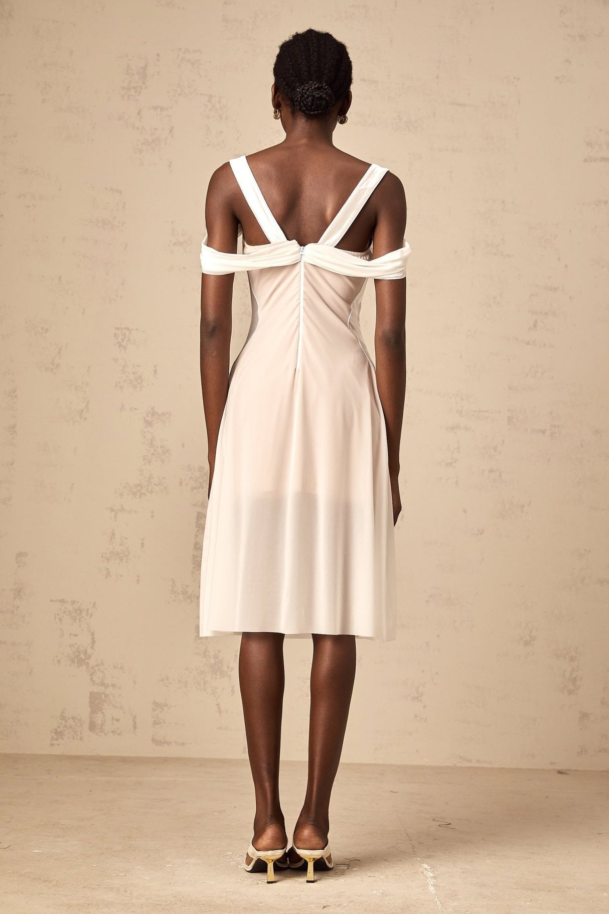 Pasquina Midi Dress White Semi - Sheer Tulle Ruched & Boned