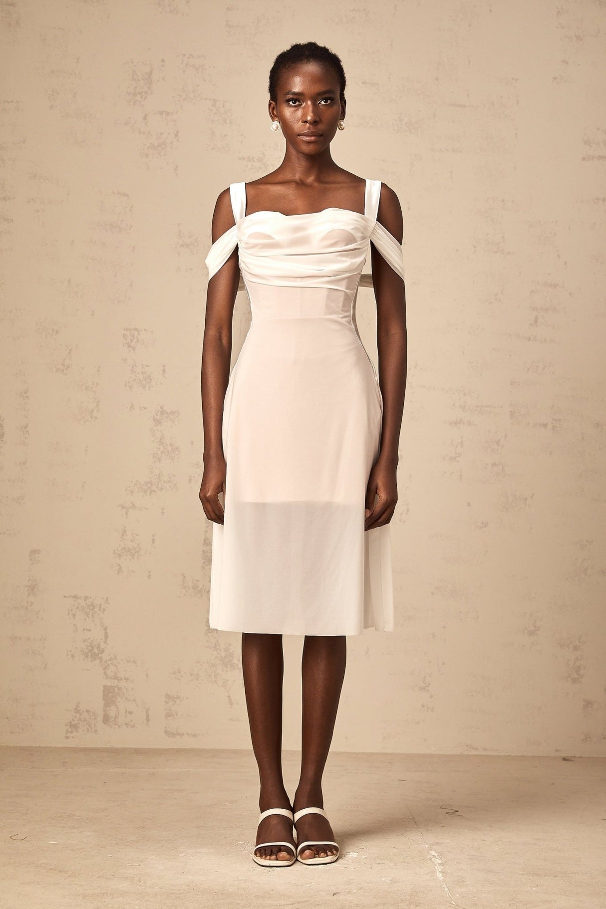 Pasquina Midi Dress White Semi - Sheer Tulle Ruched & Boned