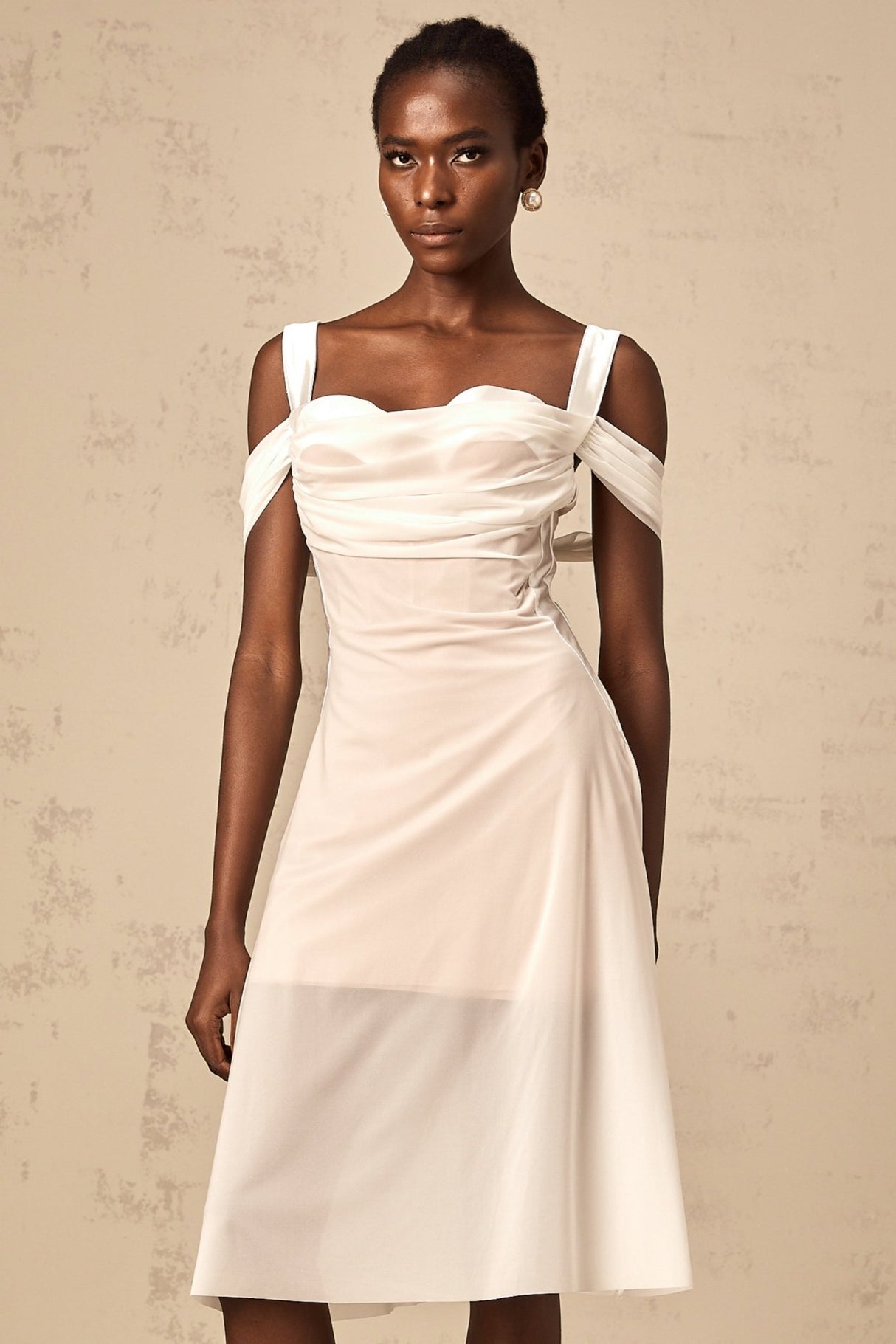 Pasquina Midi Dress White Semi - Sheer Tulle Ruched & Boned