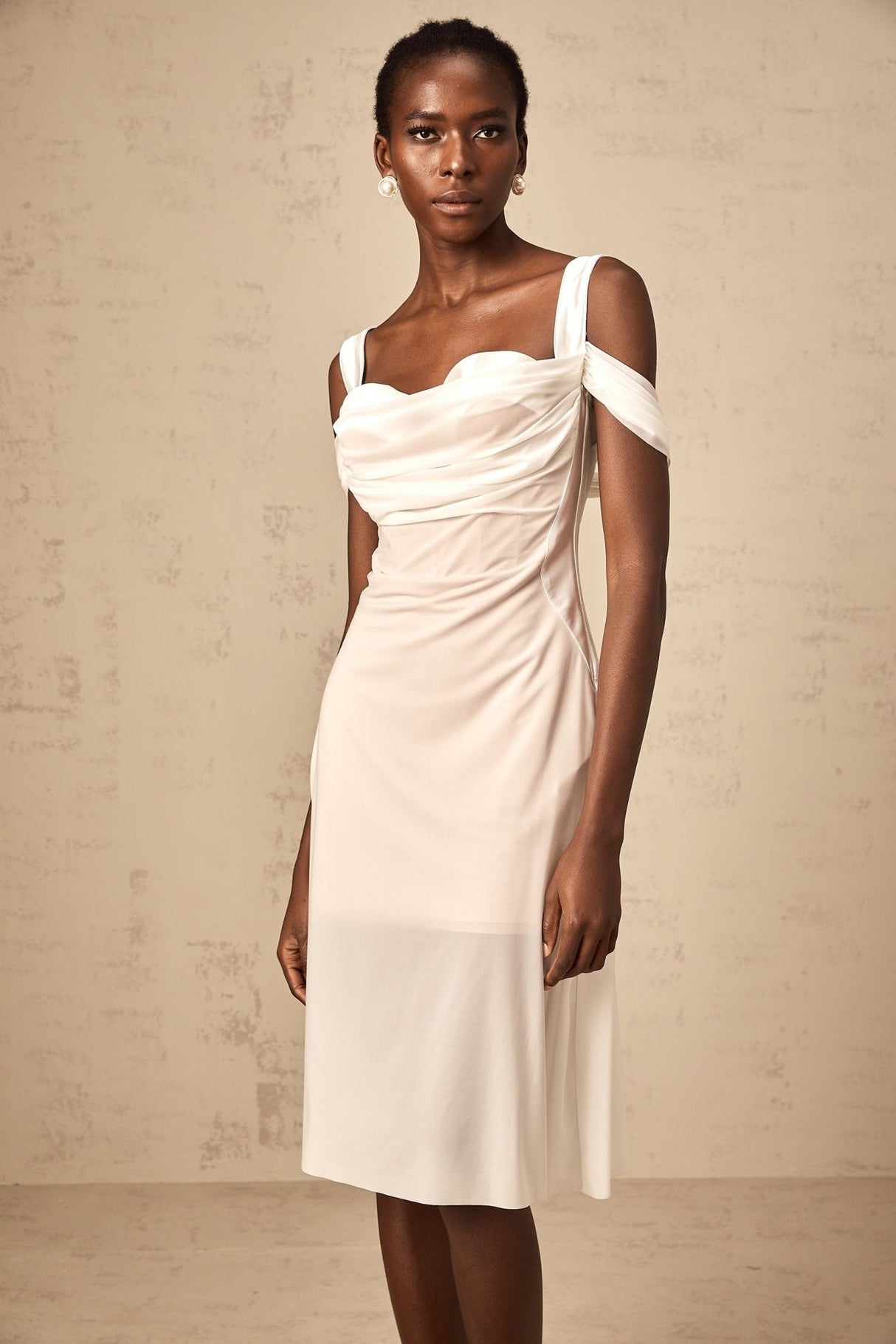 Pasquina Midi Dress White Semi - Sheer Tulle Ruched & Boned