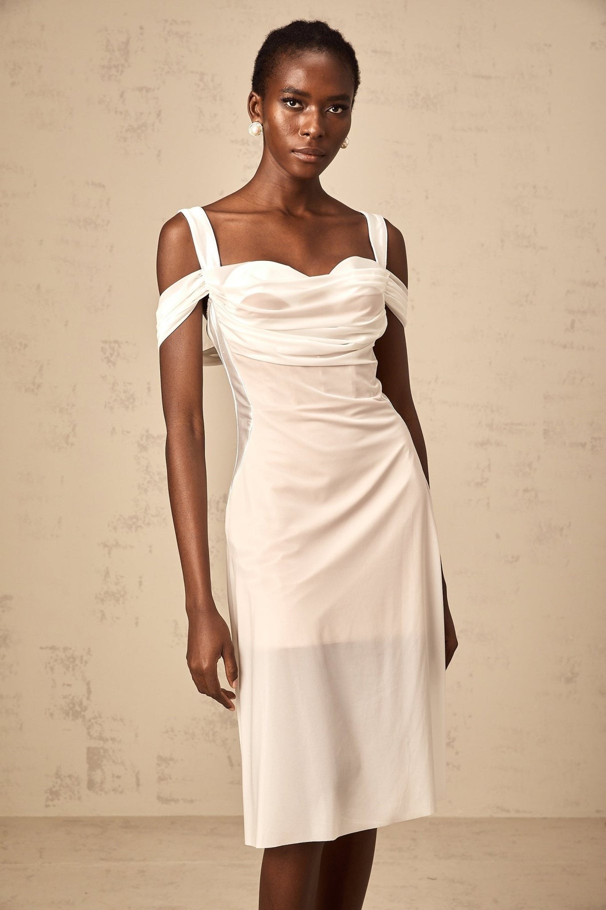 Pasquina Midi Dress White Semi - Sheer Tulle Ruched & Boned