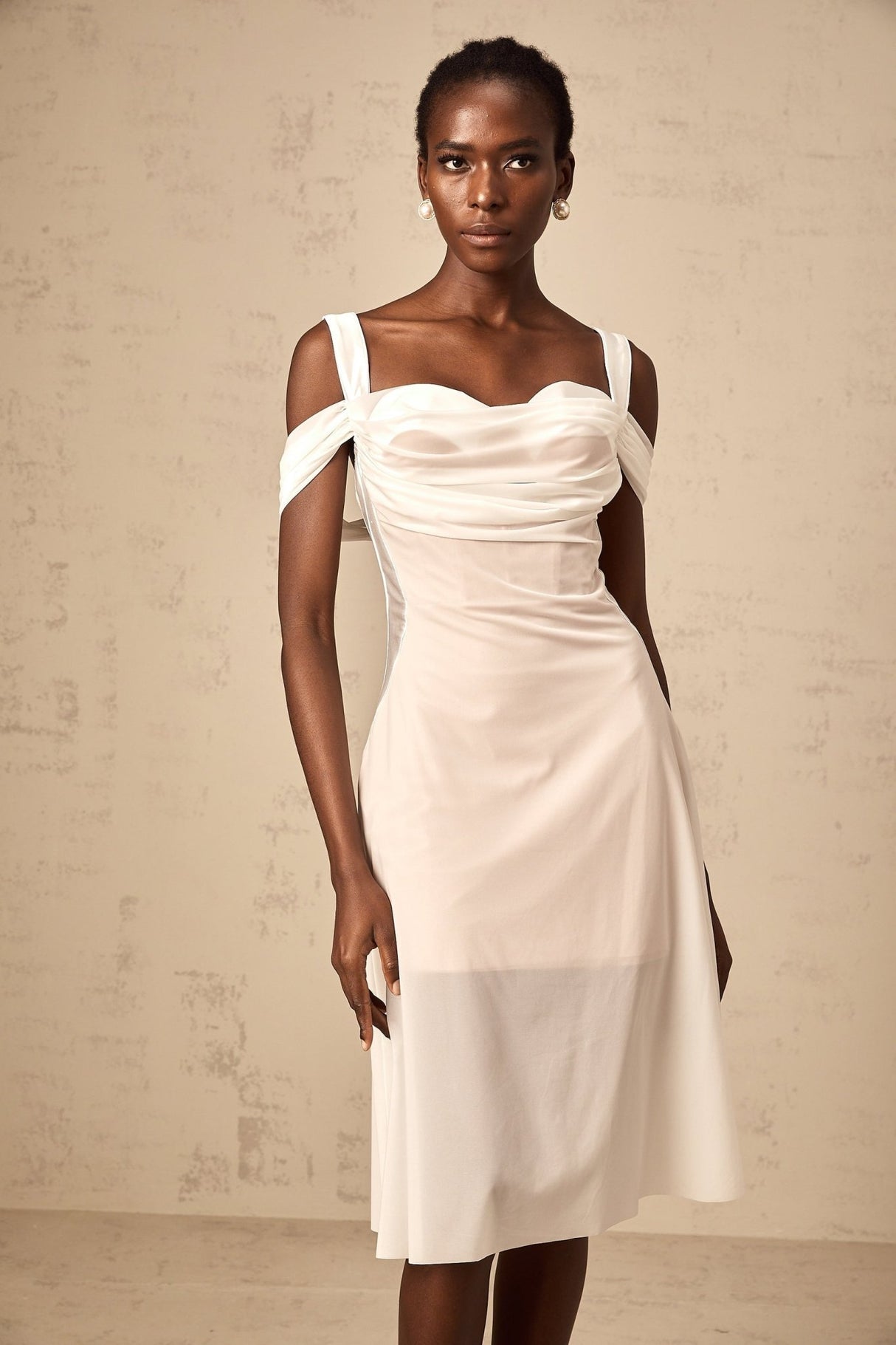 Pasquina Midi Dress White Semi - Sheer Tulle Ruched & Boned