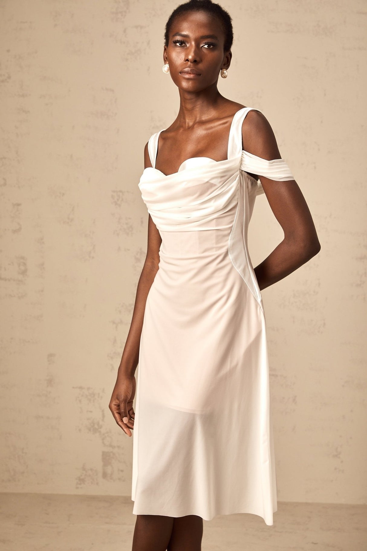 Pasquina Midi Dress White Semi - Sheer Tulle Ruched & Boned