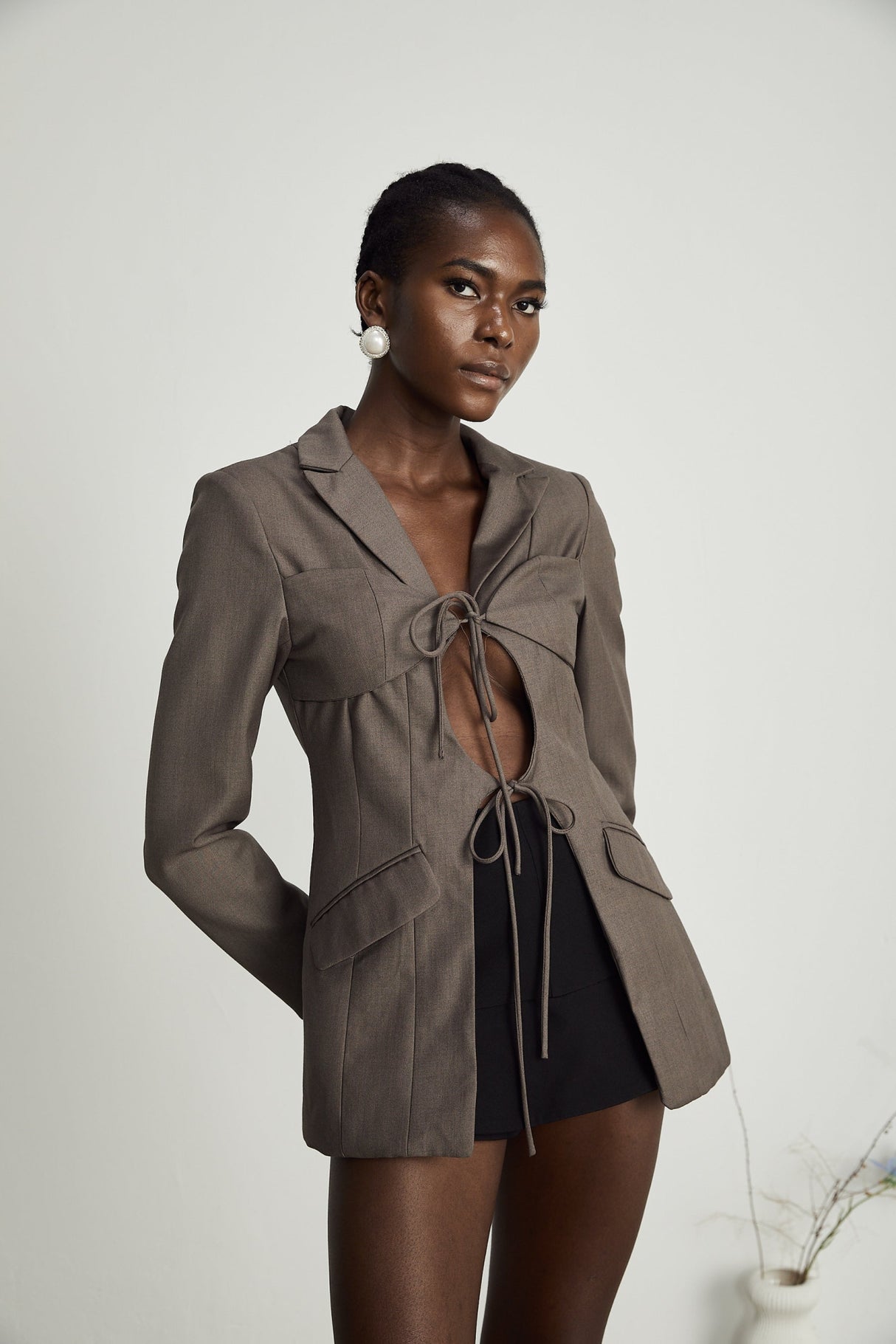 Patrizia Blazer Grey Tie Up Design & Fitted Two Pockets