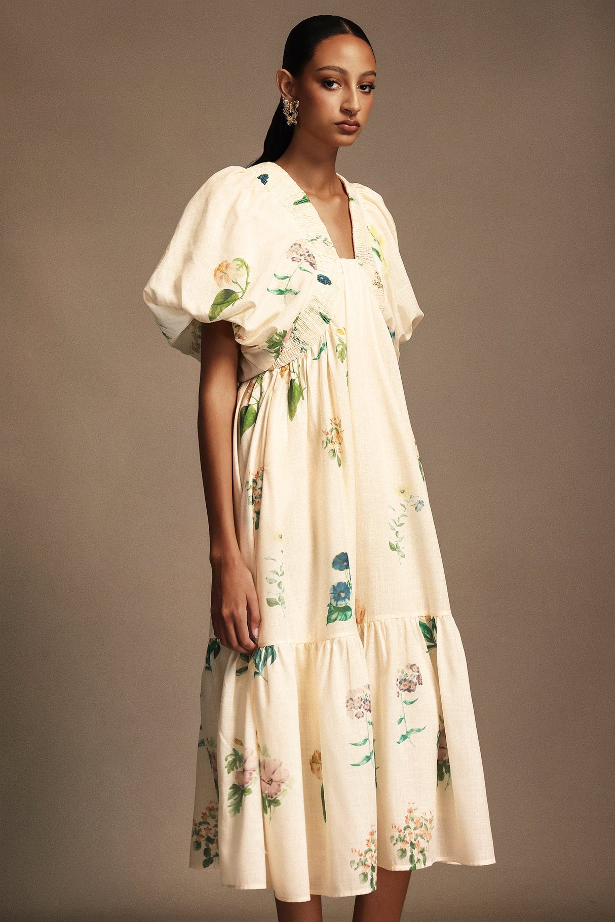 Patrizia Cream Floral Midi Dress with Puff Sleeves V-Neckline and Tiered Skirt