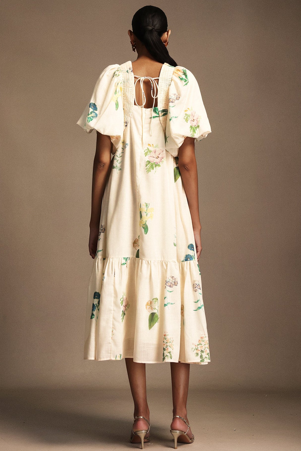 Patrizia Cream Floral Midi Dress with Puff Sleeves and V-Neckline