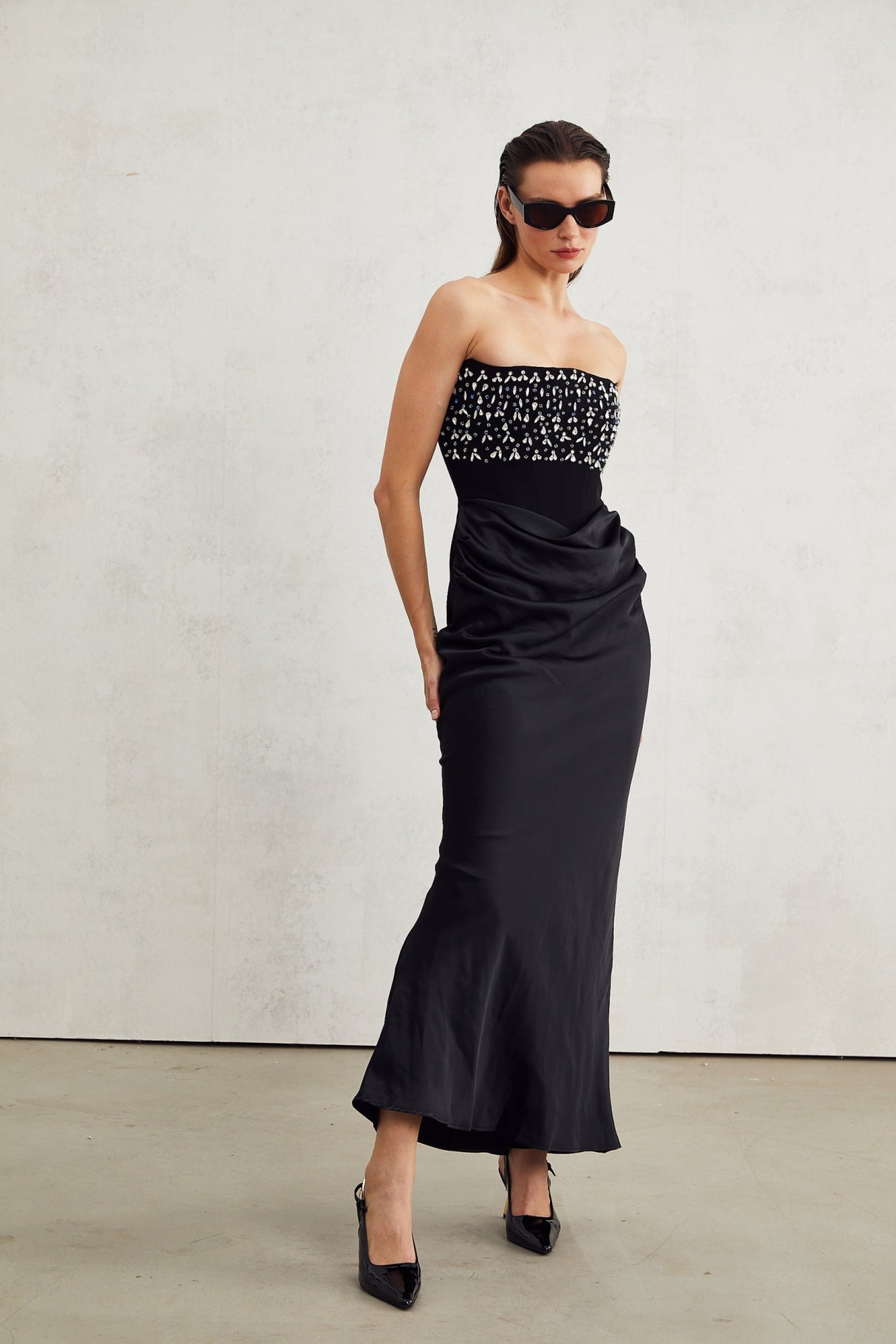 Patrizia Maxi Dress - Off Shoulder Pleated Design with Crystal Embellishment & Flared Hem