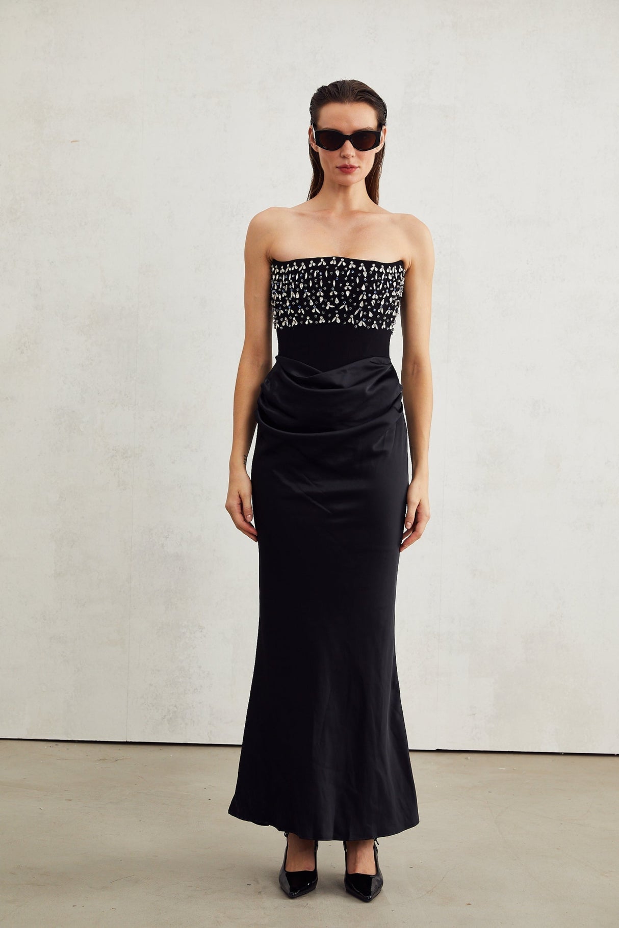 Patrizia Maxi Dress - Off Shoulder Pleated Design with Crystal Embellishment & Flared Hem