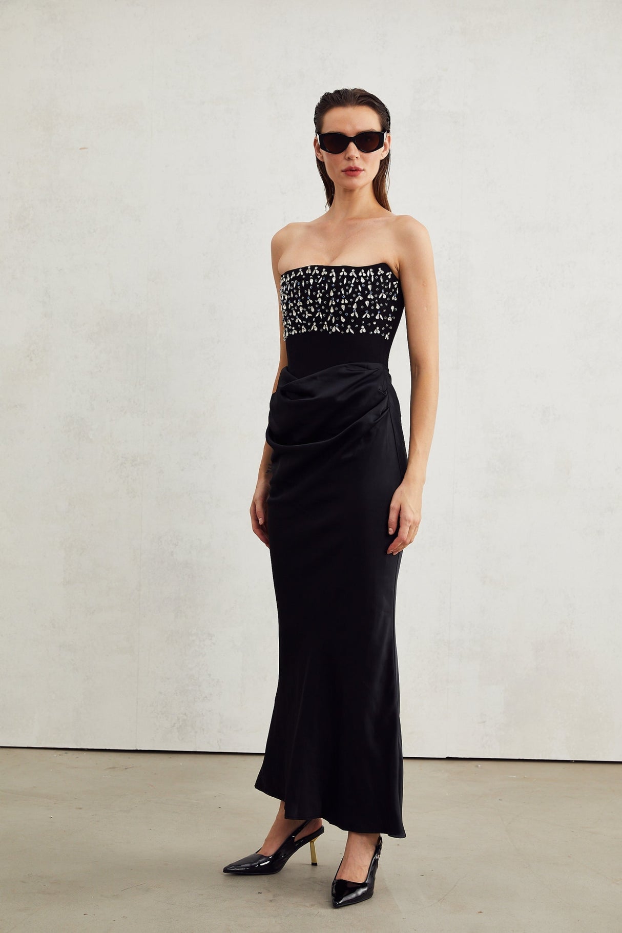Patrizia Maxi Dress - Off Shoulder Pleated Design with Crystal Embellishment & Flared Hem
