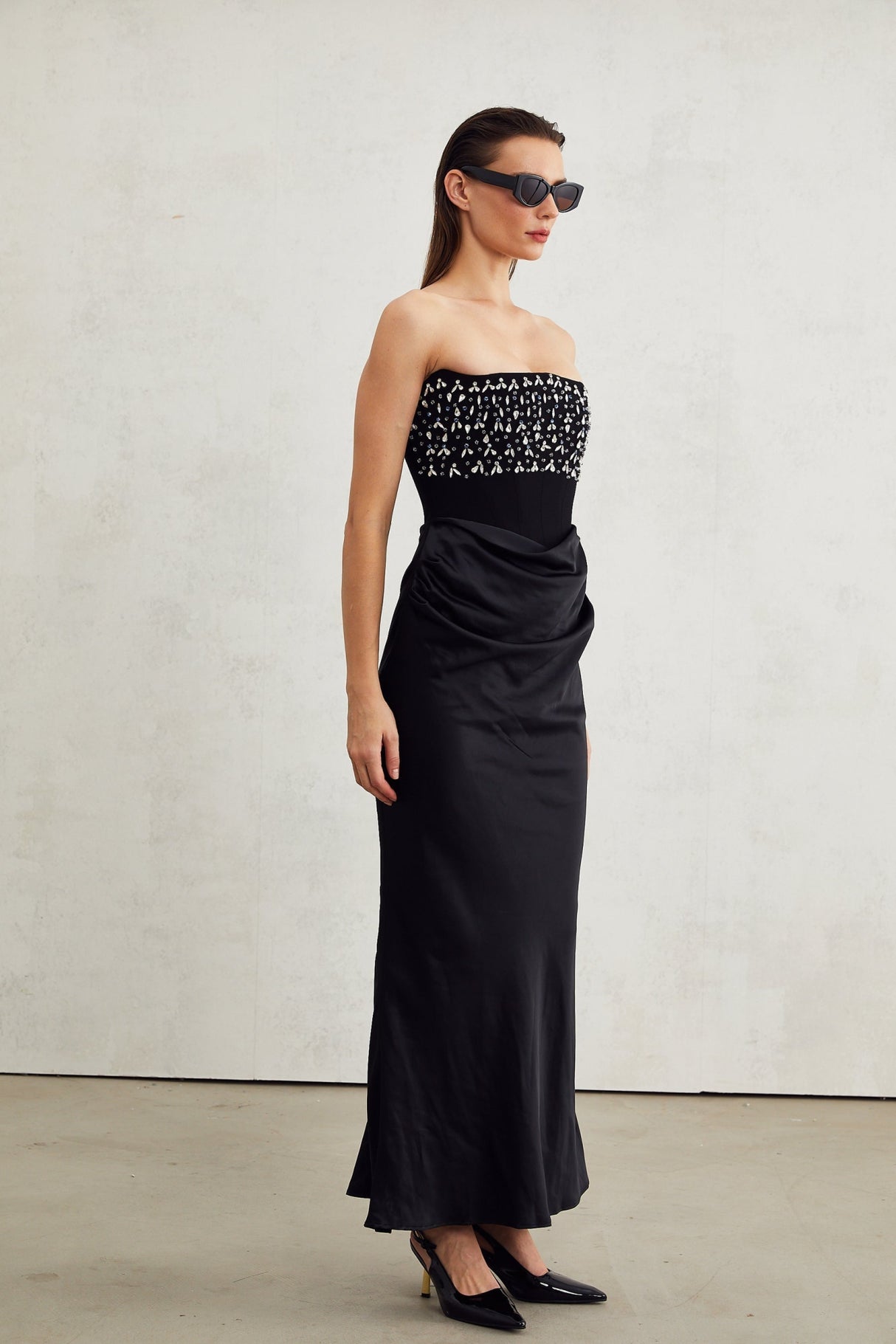 Patrizia Maxi Dress - Off Shoulder Pleated Design with Crystal Embellishment & Flared Hem