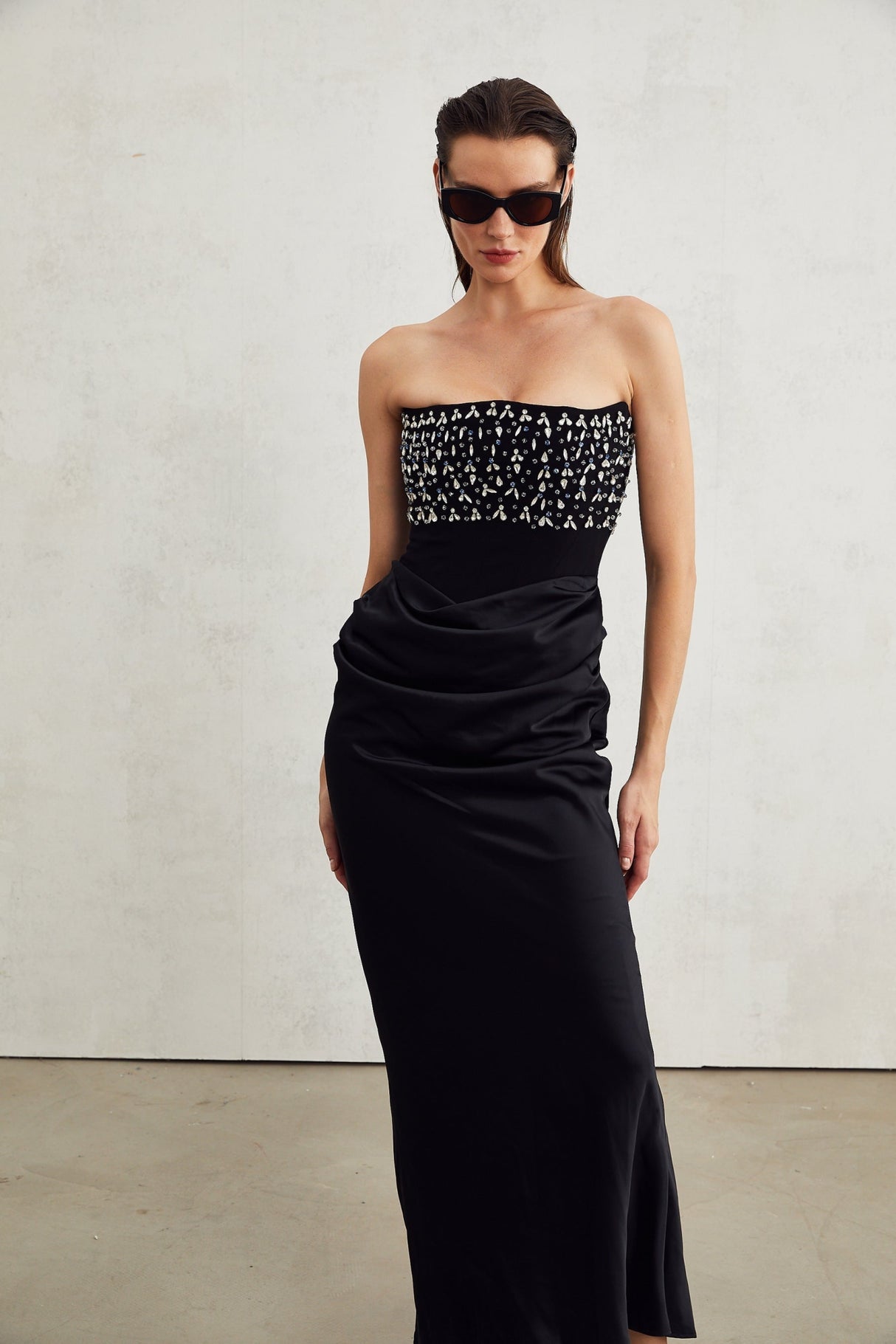 Patrizia Maxi Dress - Off Shoulder Pleated Design with Crystal Embellishment & Flared Hem