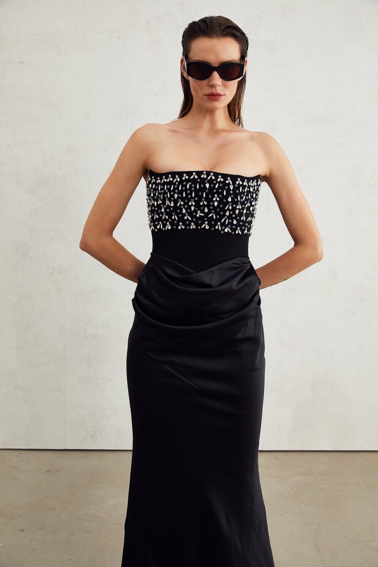 Patrizia Maxi Dress - Off Shoulder Pleated Design with Crystal Embellishment & Flared Hem