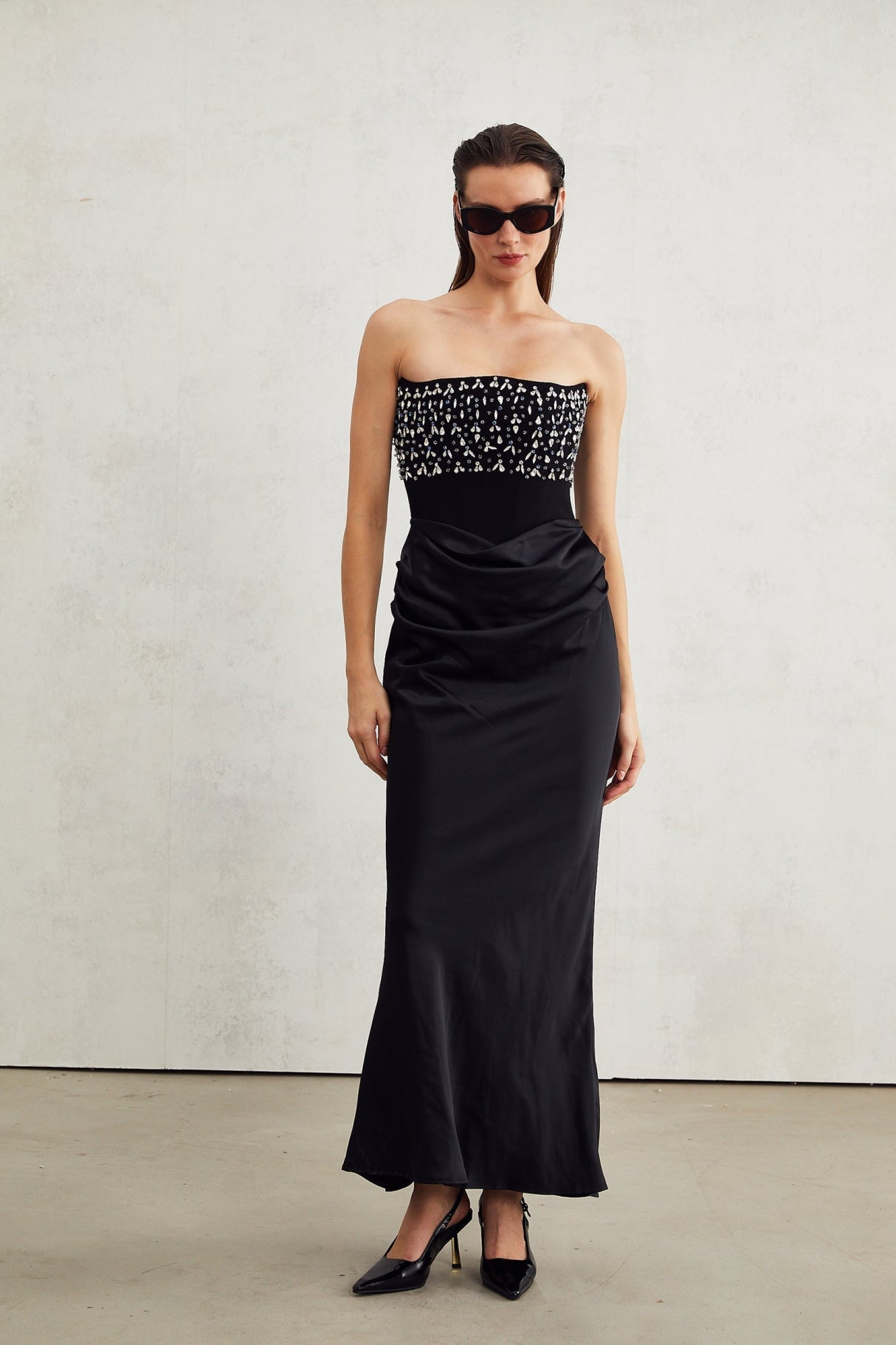Patrizia Maxi Dress - Off Shoulder Pleated Design with Crystal Embellishment & Flared Hem