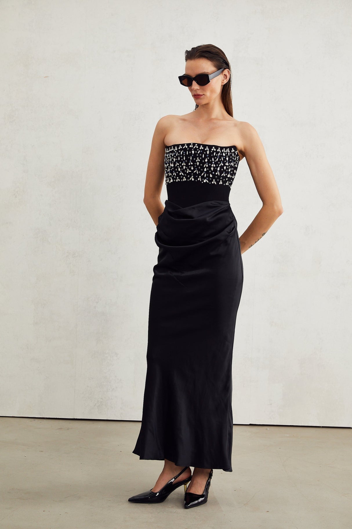 Patrizia Maxi Dress - Off Shoulder Pleated Design with Crystal Embellishment & Flared Hem