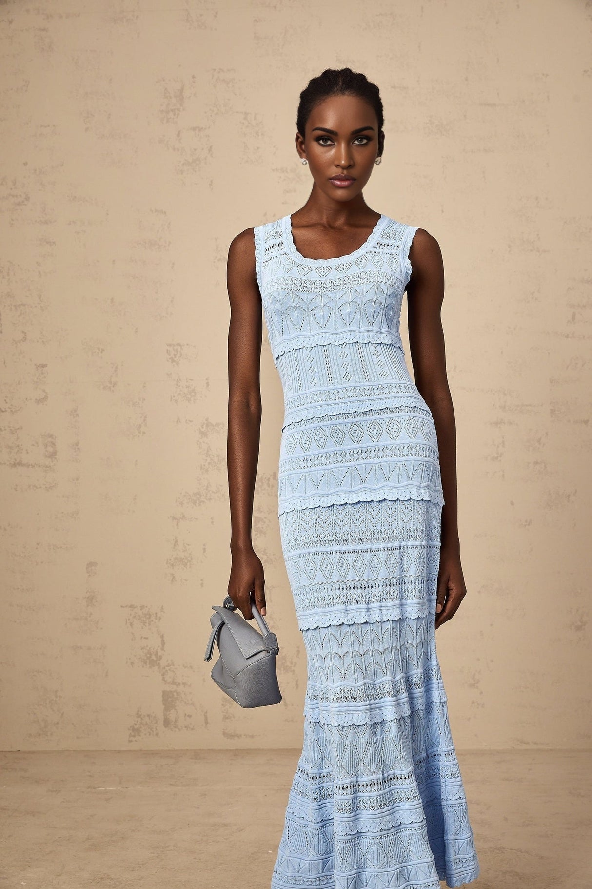 Patrizia Midi Dress Blue Crochet Ruffled Trim Flared Hem Stretch