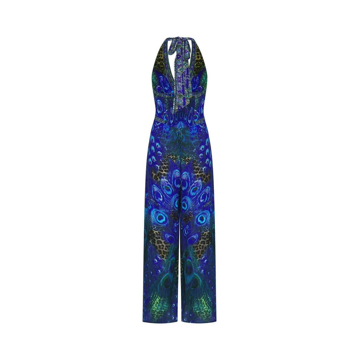 Peacock Print Halterneck Wide - Leg Silk Jumpsuit