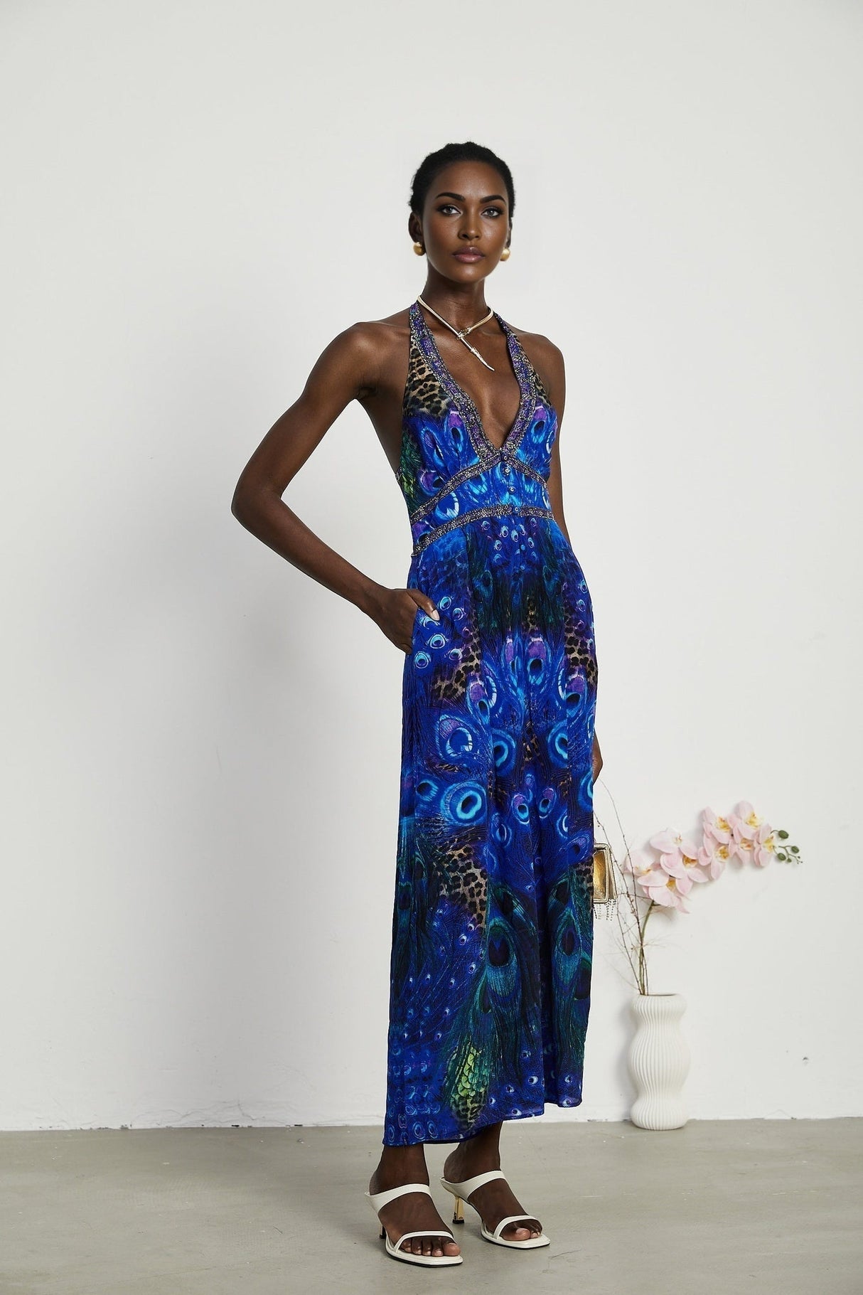 Peacock Print Halterneck Wide - Leg Silk Jumpsuit