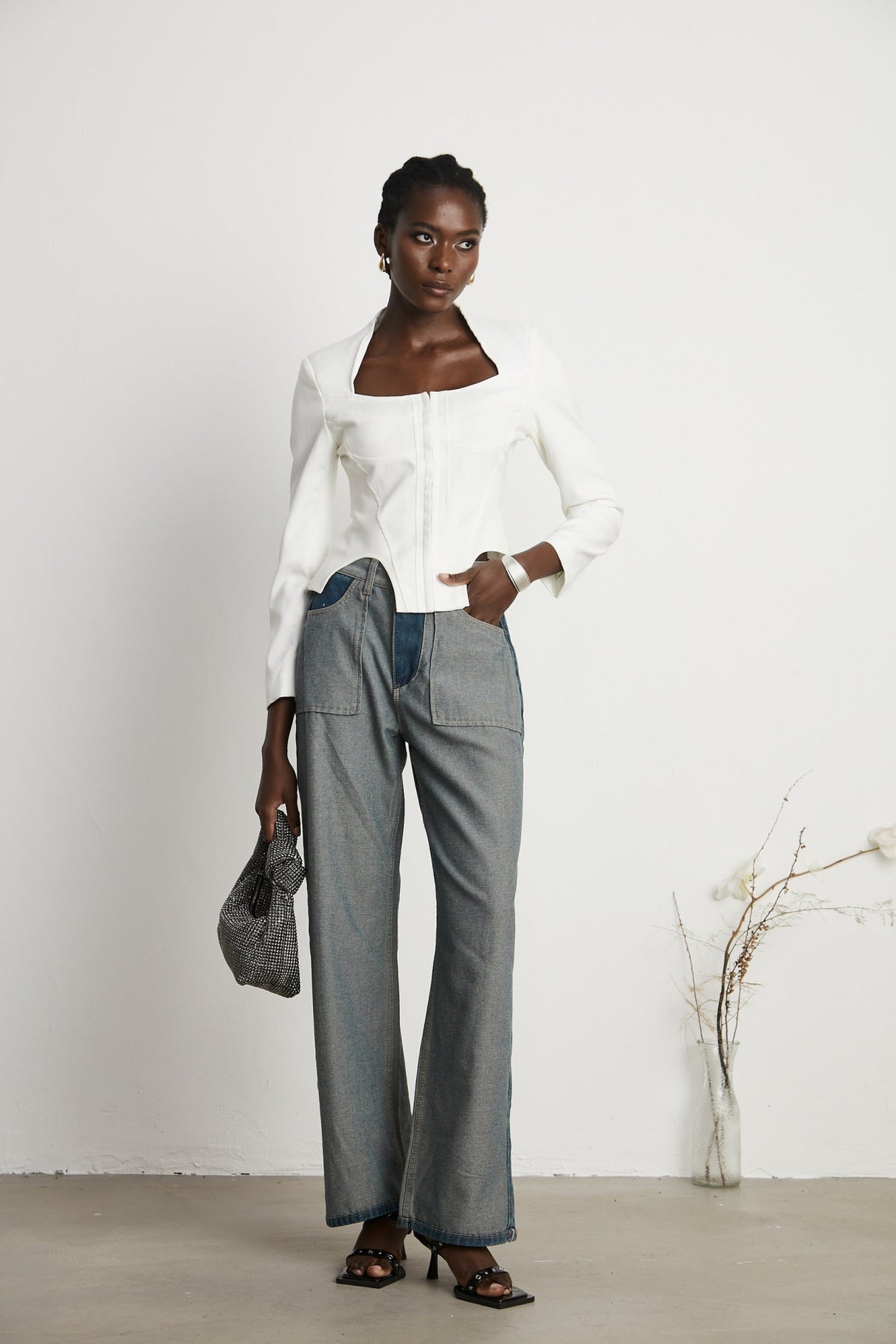 Penelope Corset Top White Square Neck Long Sleeve