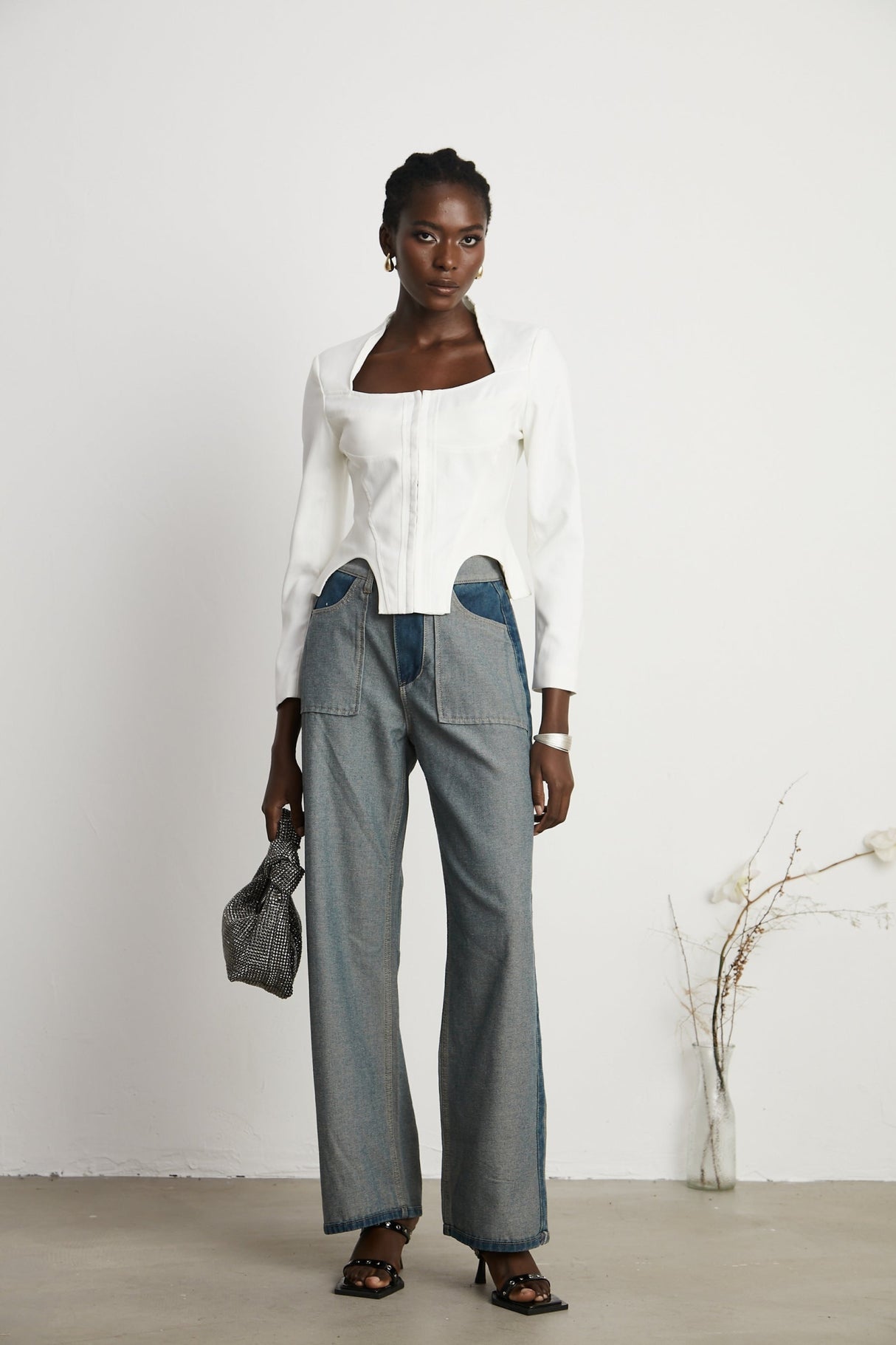 Penelope Corset Top White Square Neck Long Sleeve